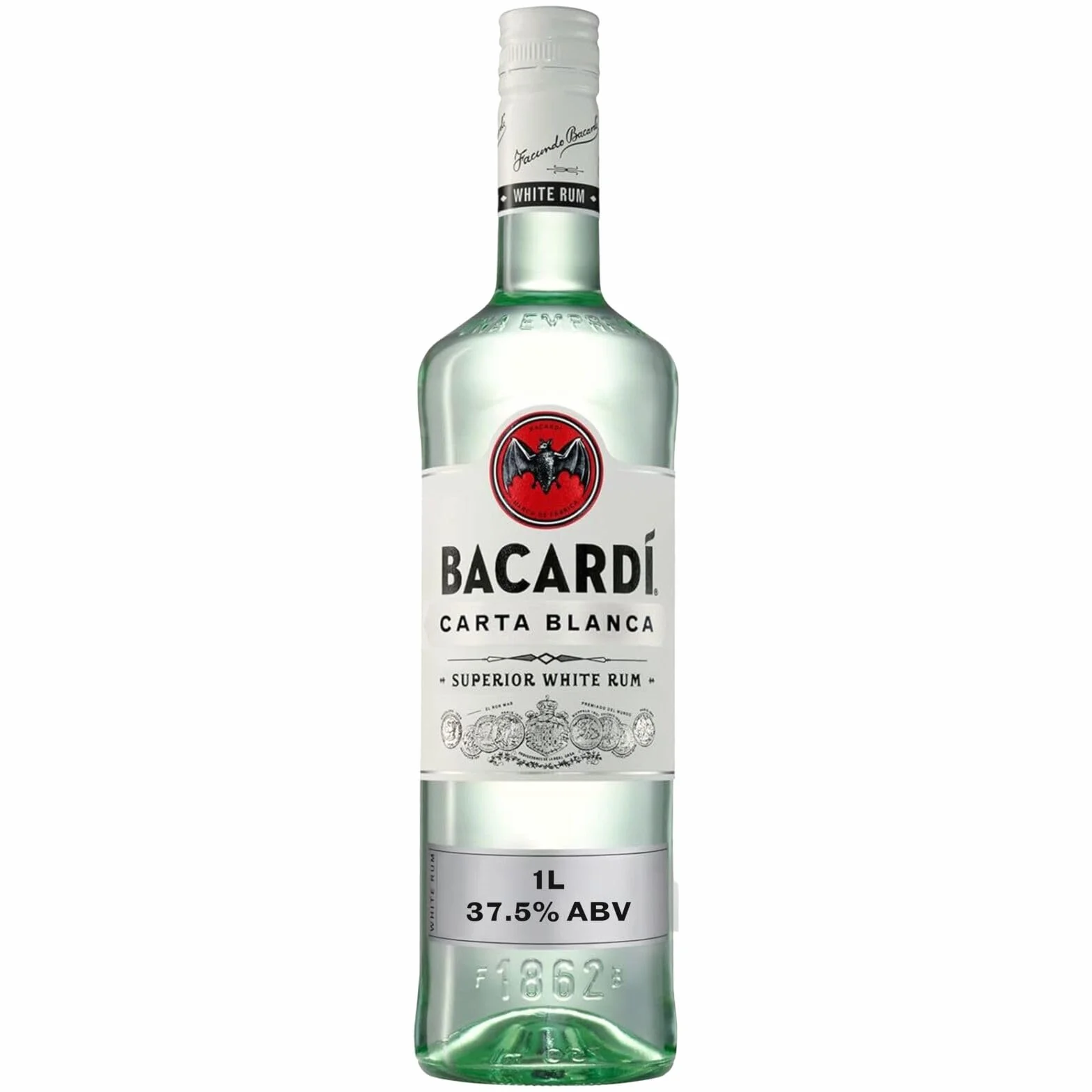 BACARDI Carta Blanca Superior White Rum - 1 l / 100 cl, 37,5% Vol. - Rhum Emblématique des Caraïbes, Idéal pour la Réalisation de Cocktails