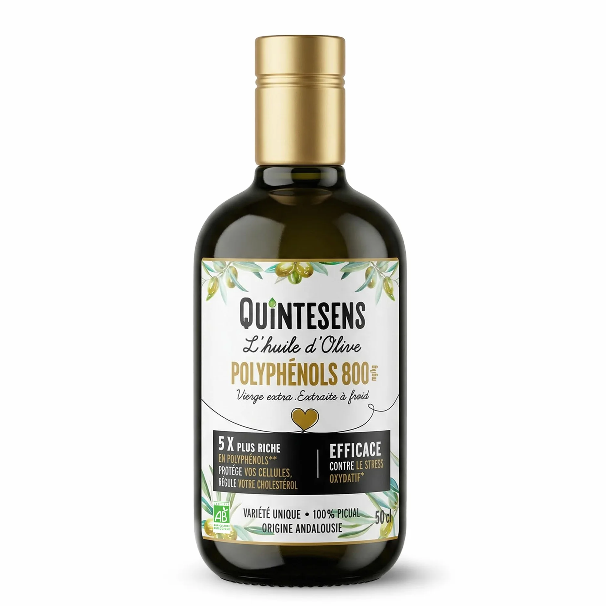 Huile d'Olive Extra Vierge Polyphénols QUINTESENS 500 ml – Santé Cardiovasculaire & Antioxydant Puissant – 880 mg/kg de Polyphénols – Pressée à Froid en 24h – 100% Bio – Origine Andalousie