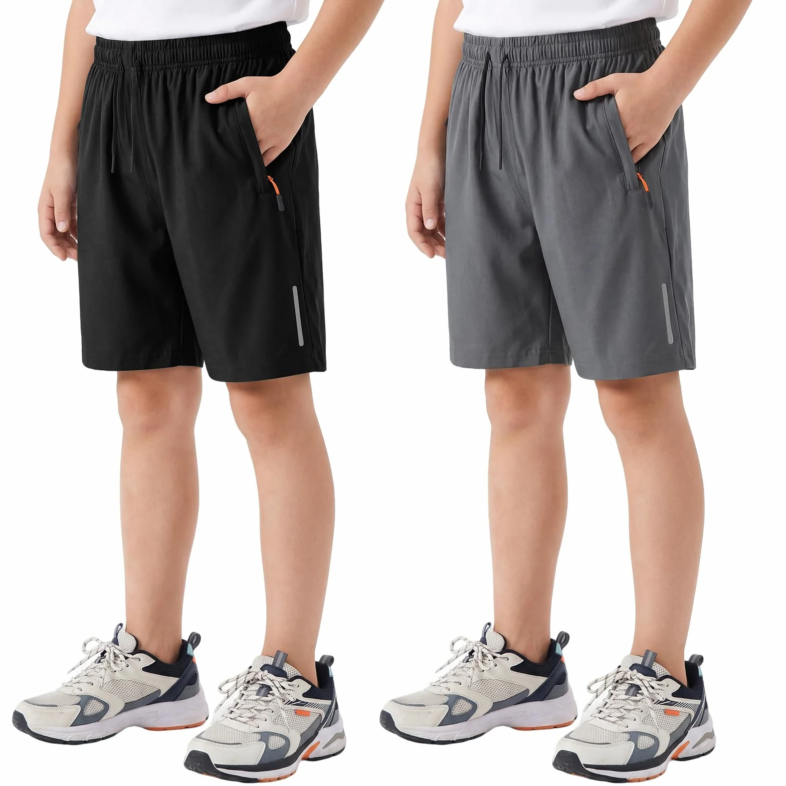 Shorts de Sport Garçons Lot de 2 Séchage Rapide Enfants Bandes Réfléchissantes Poche Zippée Cordon Coulissant Cyclisme 6-13 Ans