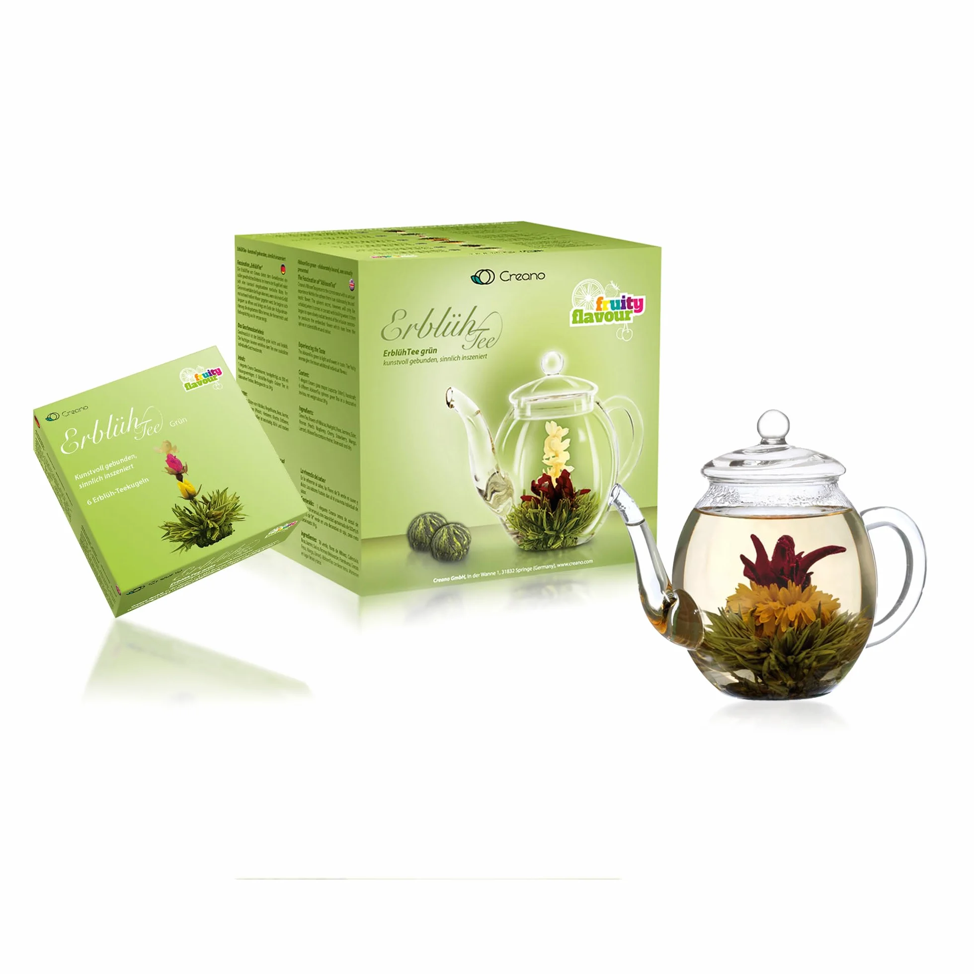 Creano „Fleurs de Thé“ Verts 6 pcs – Théière en Verre 500ml sans goutte – 6 variétés de thé vert aromatisé – Idée cadeau femme
