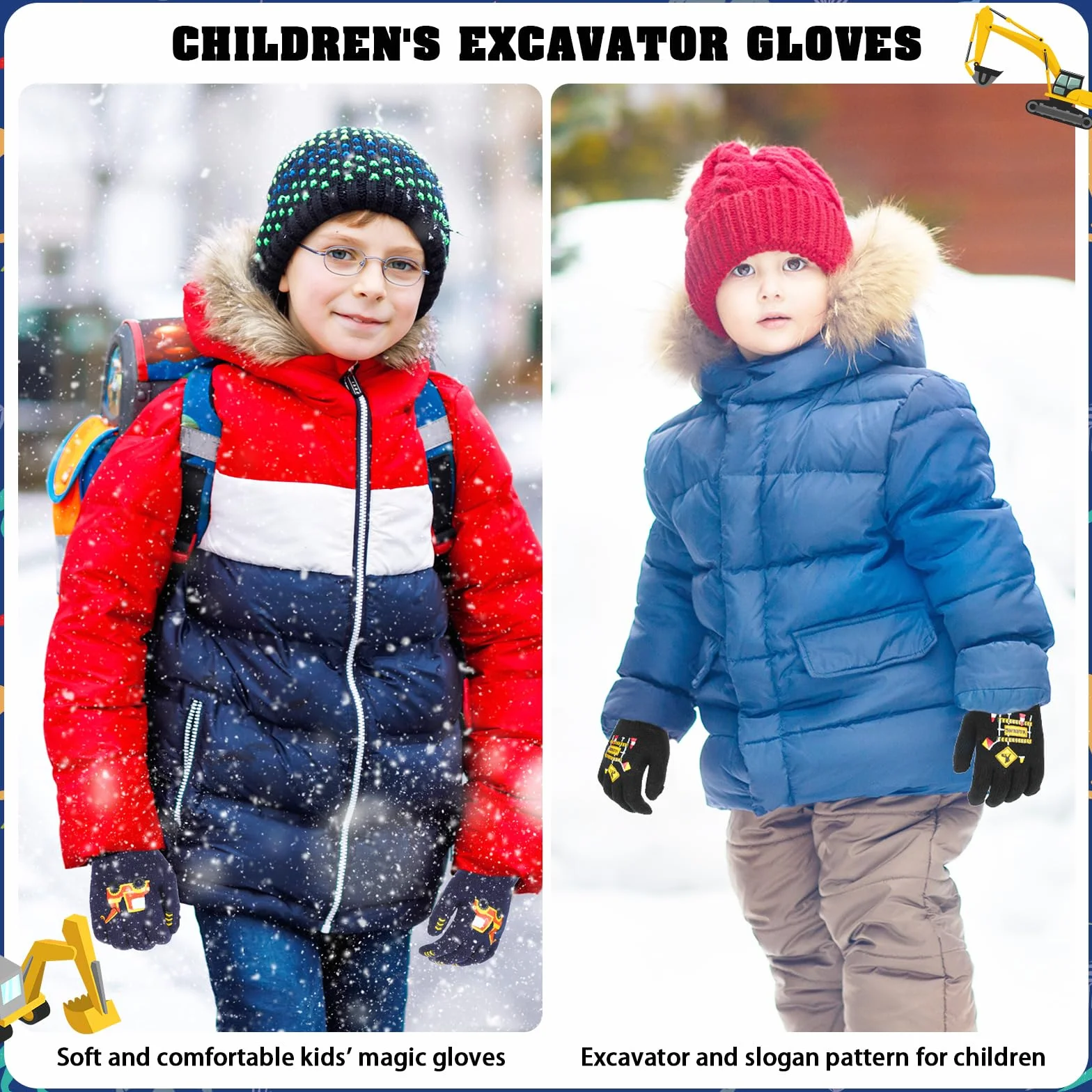 Gants magiques pour enfants Lot de 6 paires motif excavatrice 4-12 ans