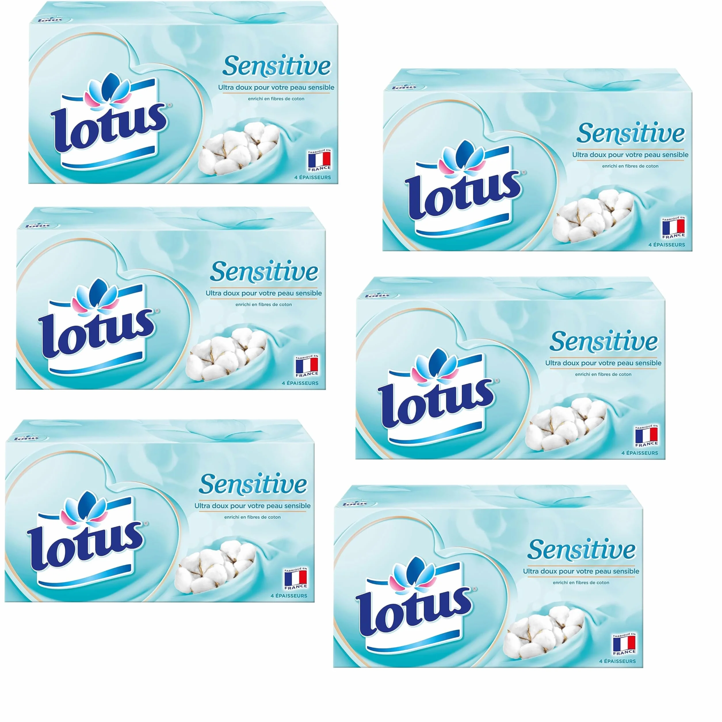 Lotus Sensitive – 480 Mouchoirs 4 épaisseurs pour un confort absolu – Blancs, doux et résistants – Fabriqués en France – Lot de 6 boîtes de 80
