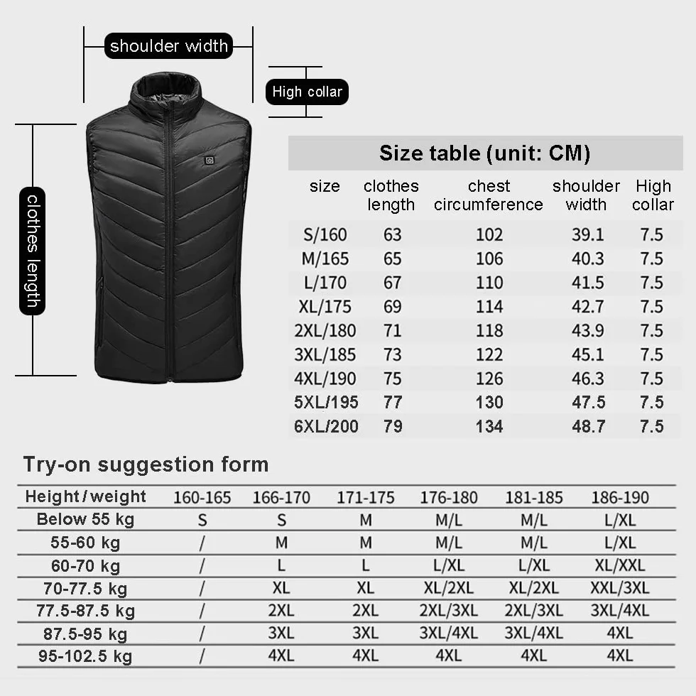 Veste Chauffante Homme Femme USB 3 Niveaux de Réglages Chauffage Électrique