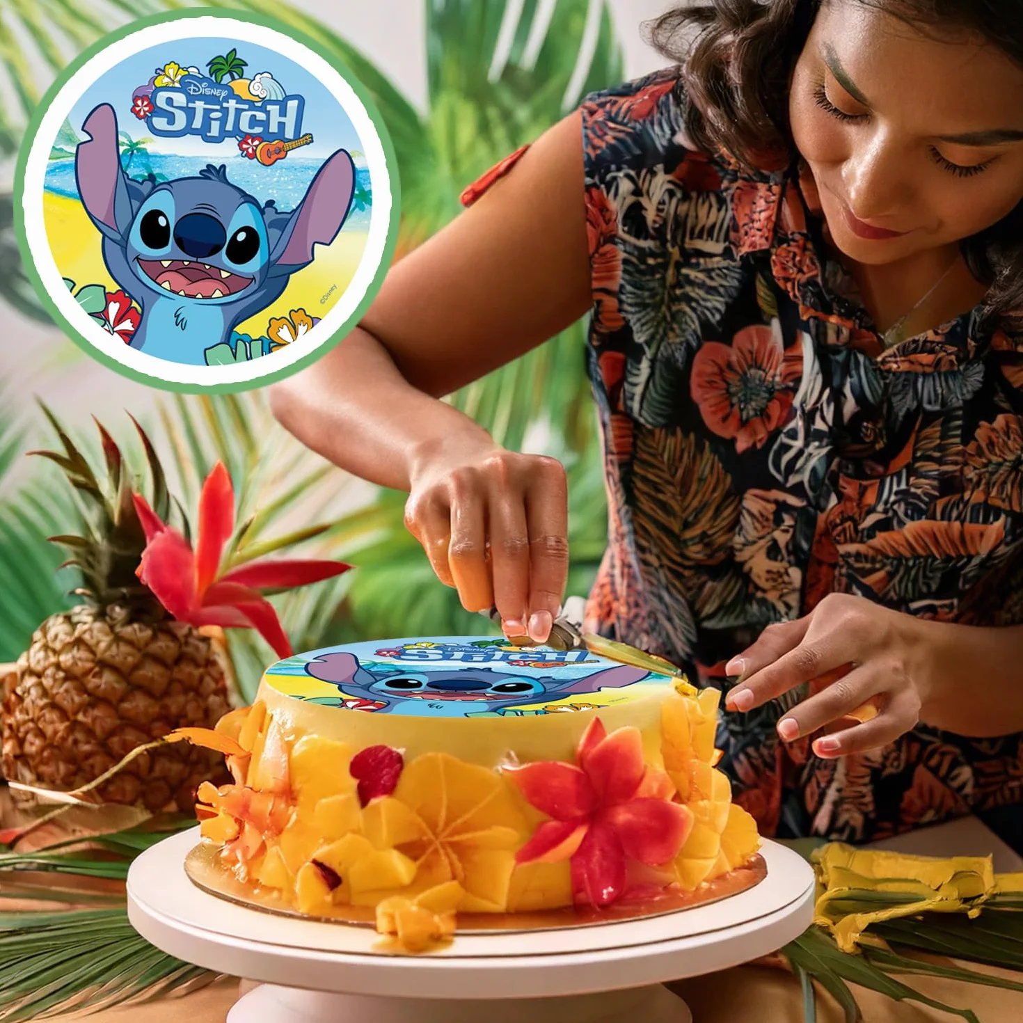 dekora - Décoration pour Gâteaux d’Anniversaire - Cake Topper Stitch 20 cm - Disque en Papier Comestible pour Gâteau - Sans Gluten, Sans Sucres Ajoutés, Sans Lactose - Convient aux Végétariens