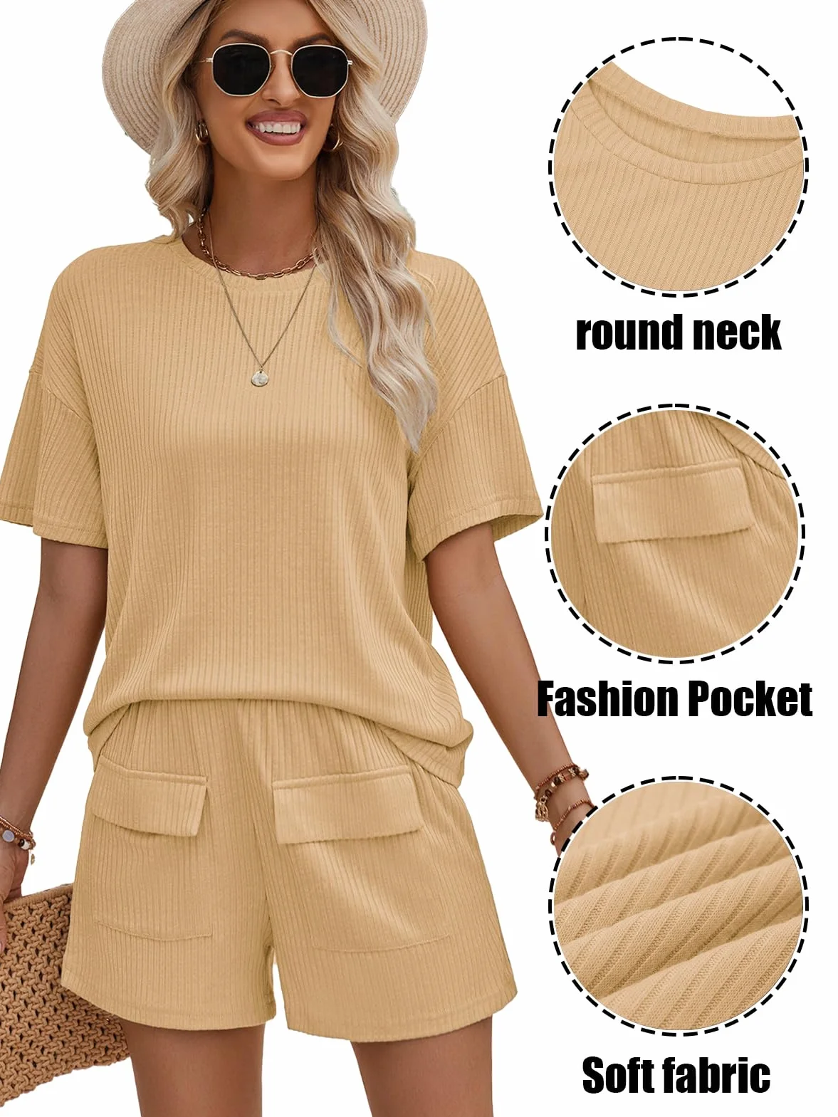 Rayson Ensemble Femme 2 pièces Pantalon Courte Haut Col Rond Survêtement
