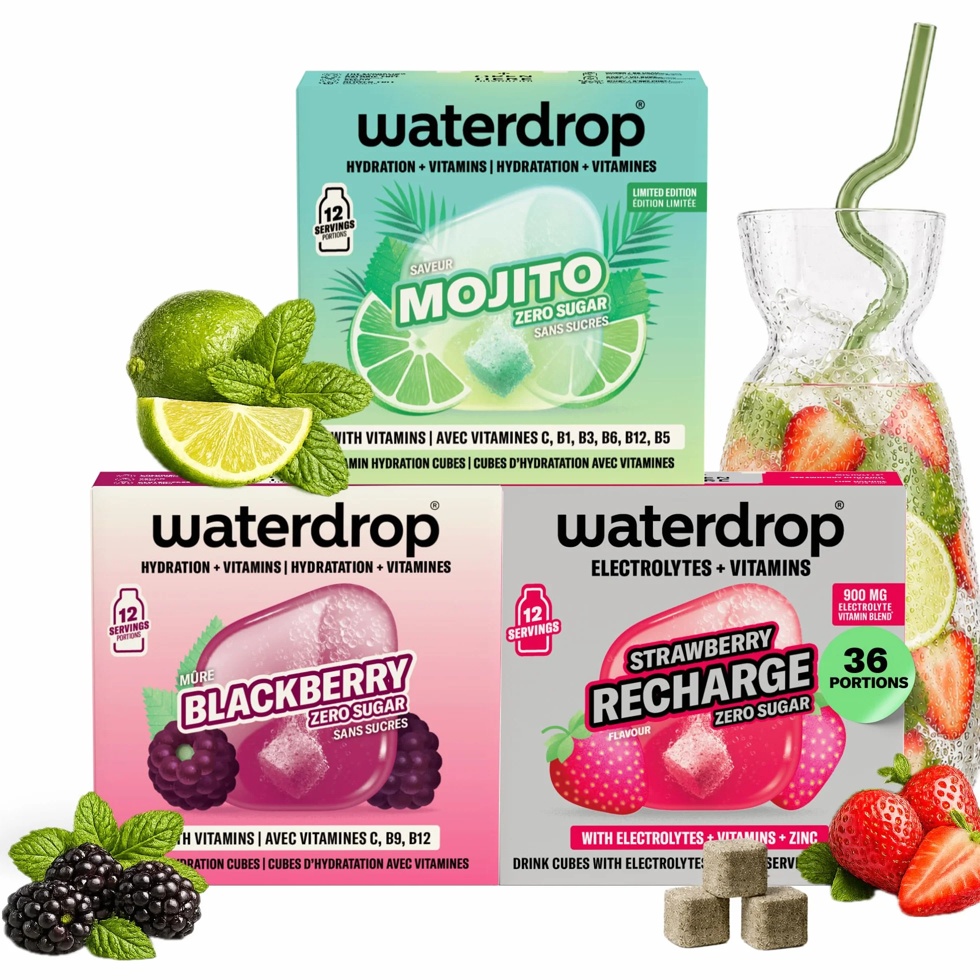 waterdrop® Coffret Mojito Dégustation - 36 Pastilles Hydratation, Cubes de Boisson aux 3 Saveurs: Mojito, Fraise & Mûre, Eau Aromatisée Sans Sucre avec Vitamines C & B, Vegan