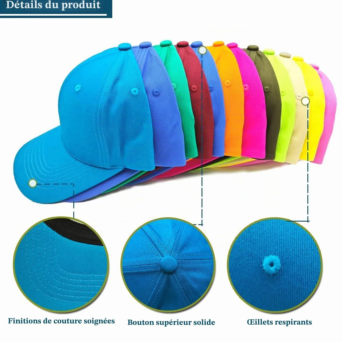 Lot de 3 casquettes de baseball 100% coton unisexe classique
