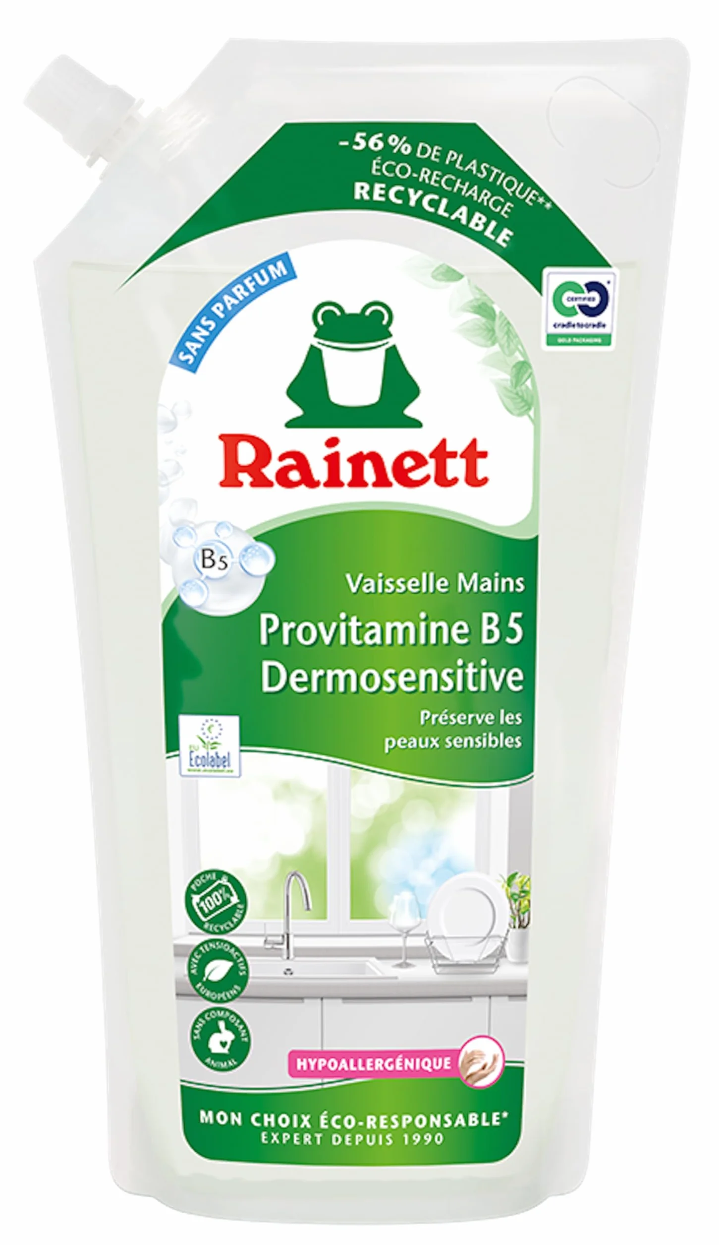 RAINETT - Liquide Vaisselle Mains Dermosensitive - Éco-Recharge 1 L - Formule Hypoallergénique - pH Neutre - Préserve les Peaux Sensibles - Poche 100% Recyclable - Ecolabel - Éco-Recharge 1 L