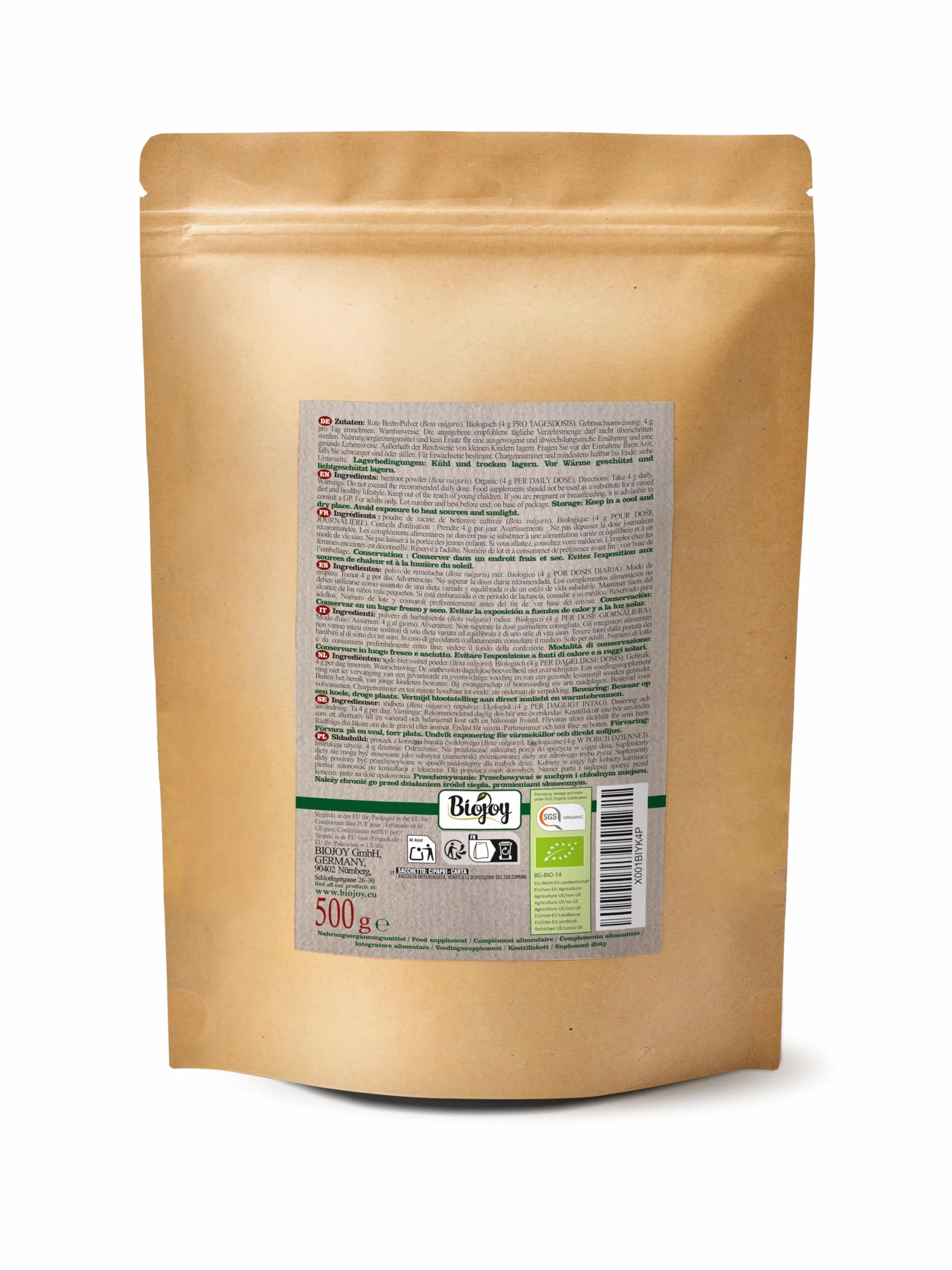 Biojoy Poudre de betterave rouge BIO (500 g), naturelle et pure (Beta vulgaris)