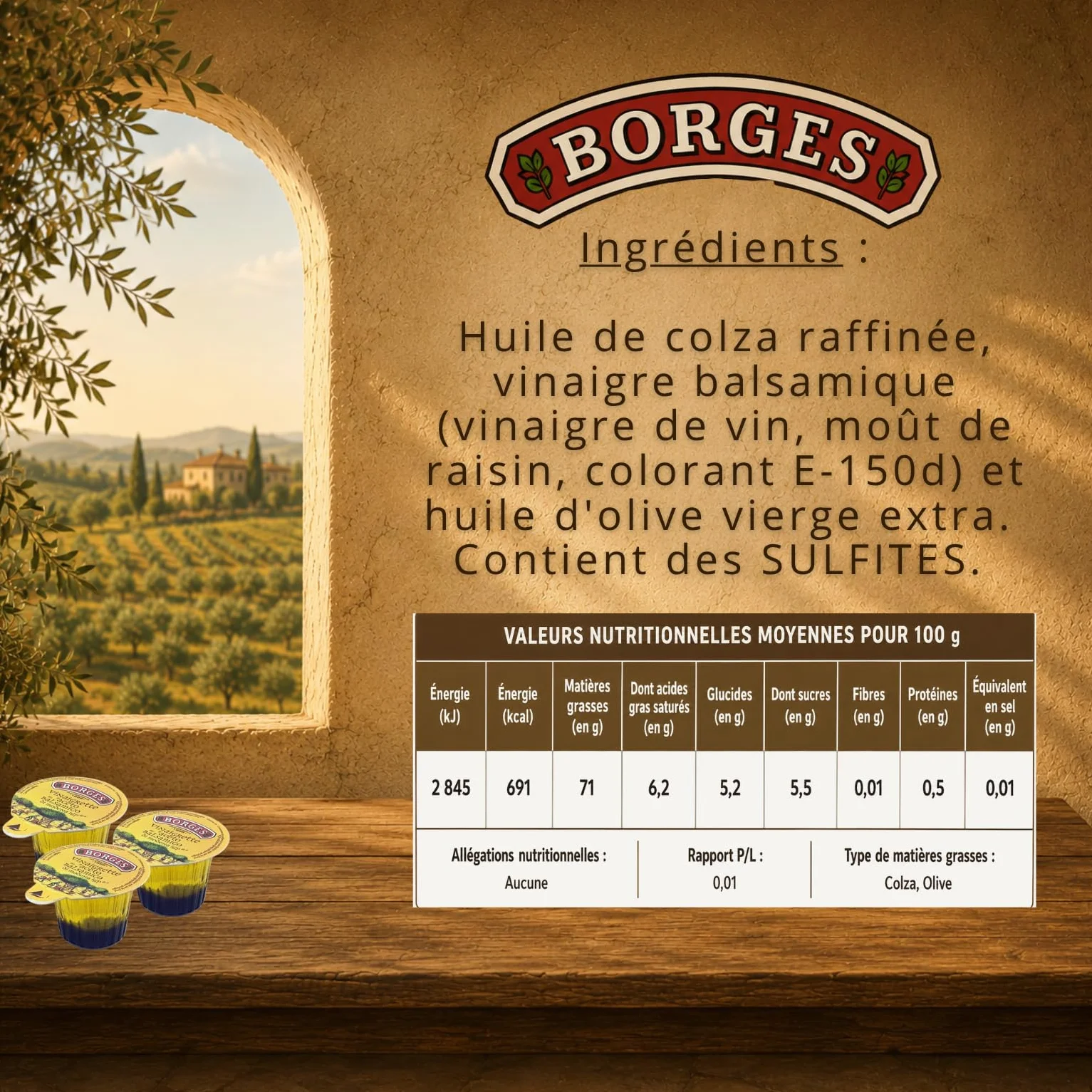 BORGES | 30 Coupelles de Vinaigrette au Vinaigre Balsamique | Portions Individuelles de 20 ml