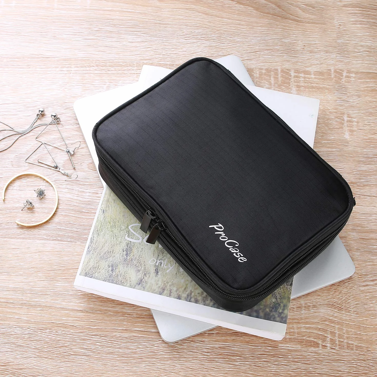 ProCase Trousse à Bijoux de Voyage, Boîte de Rangement Double Couche, pour Bagues, Boucles d'oreilles, Colliers, Noir