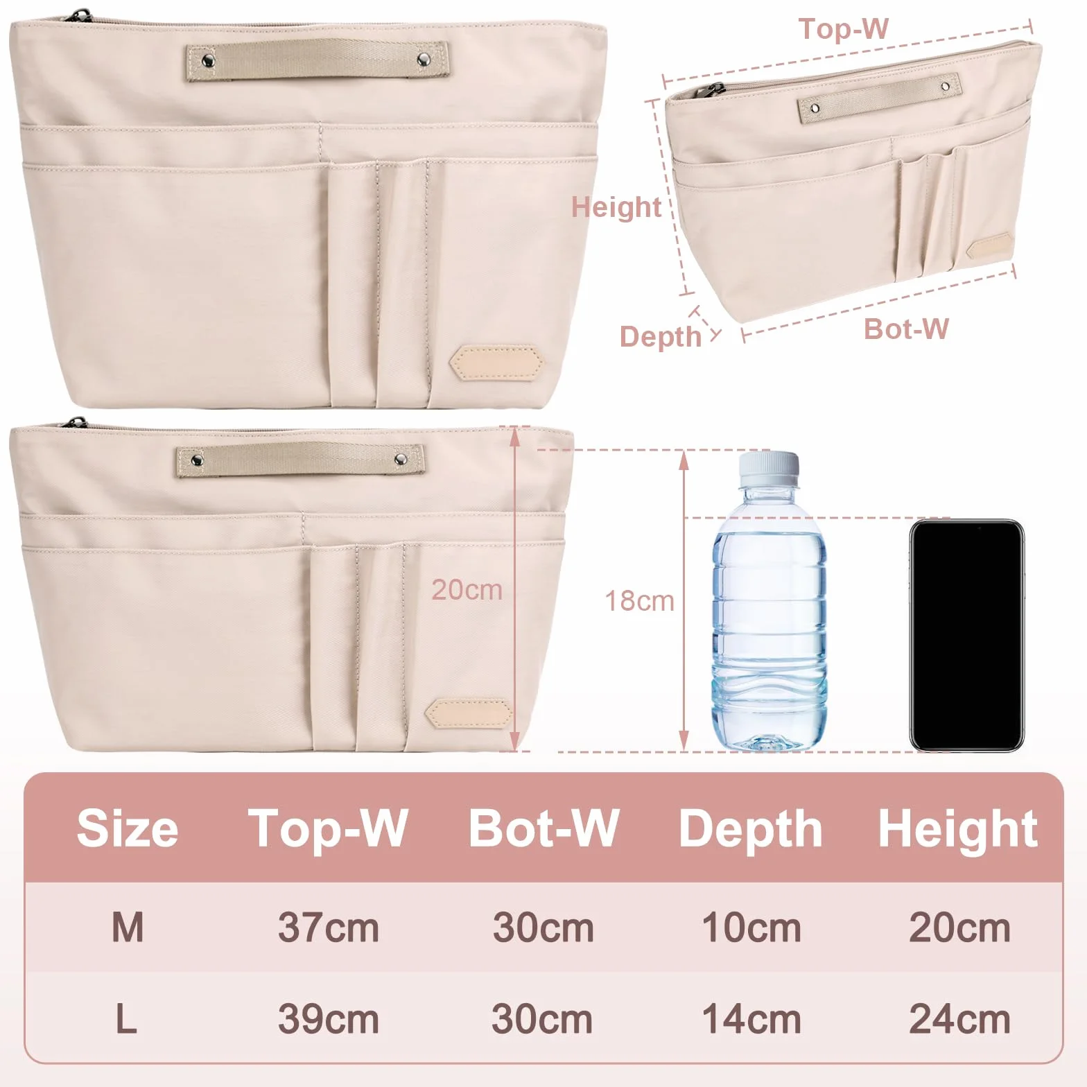 GADITIEK Organisateur Sac à Main Polyester avec Fermeture Multi Poches pour Longchamp Sac Pliage Femmes Beige L