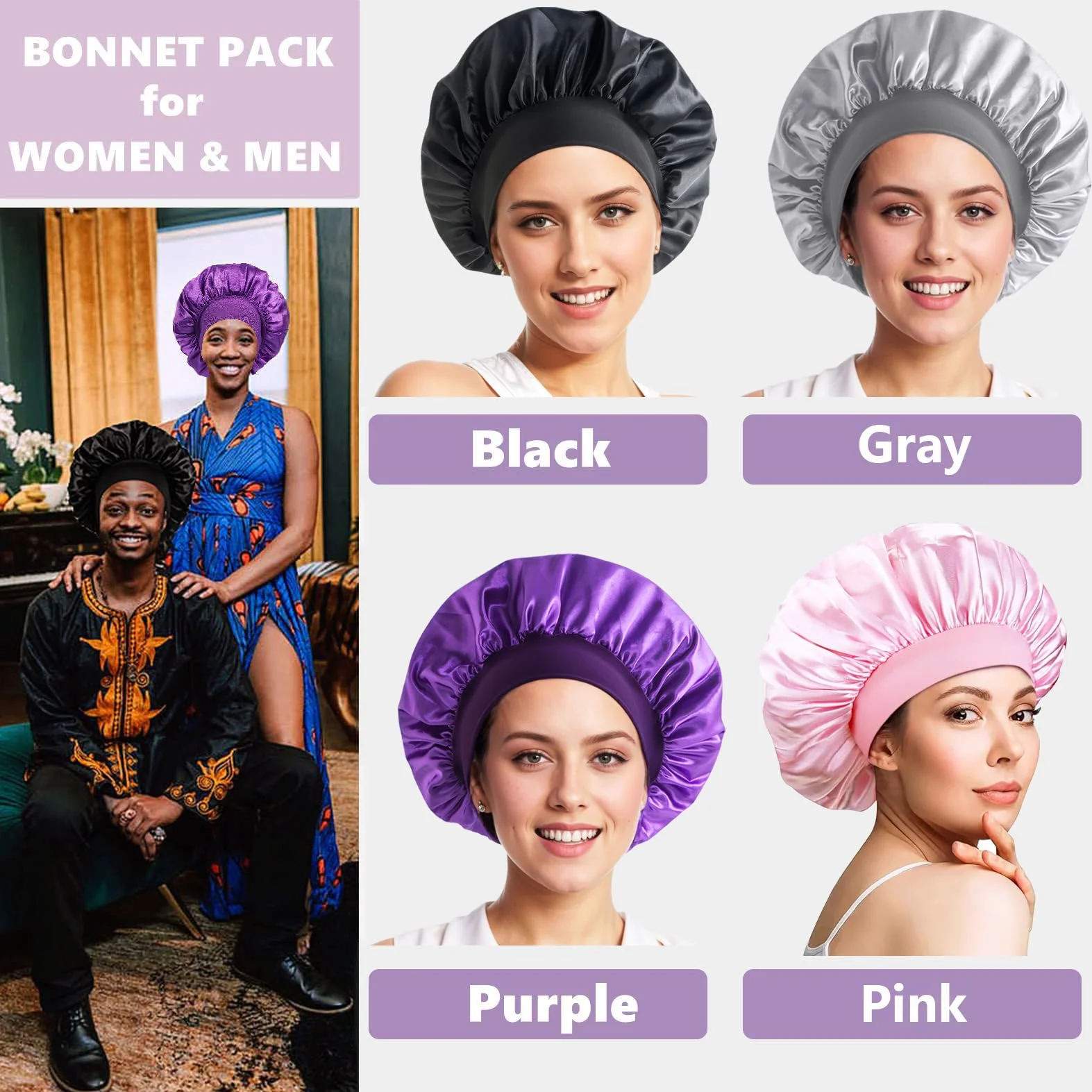 Bonnet Satin Cheveux Nuit en Soie avec Chouchous pour Femmes et Filles