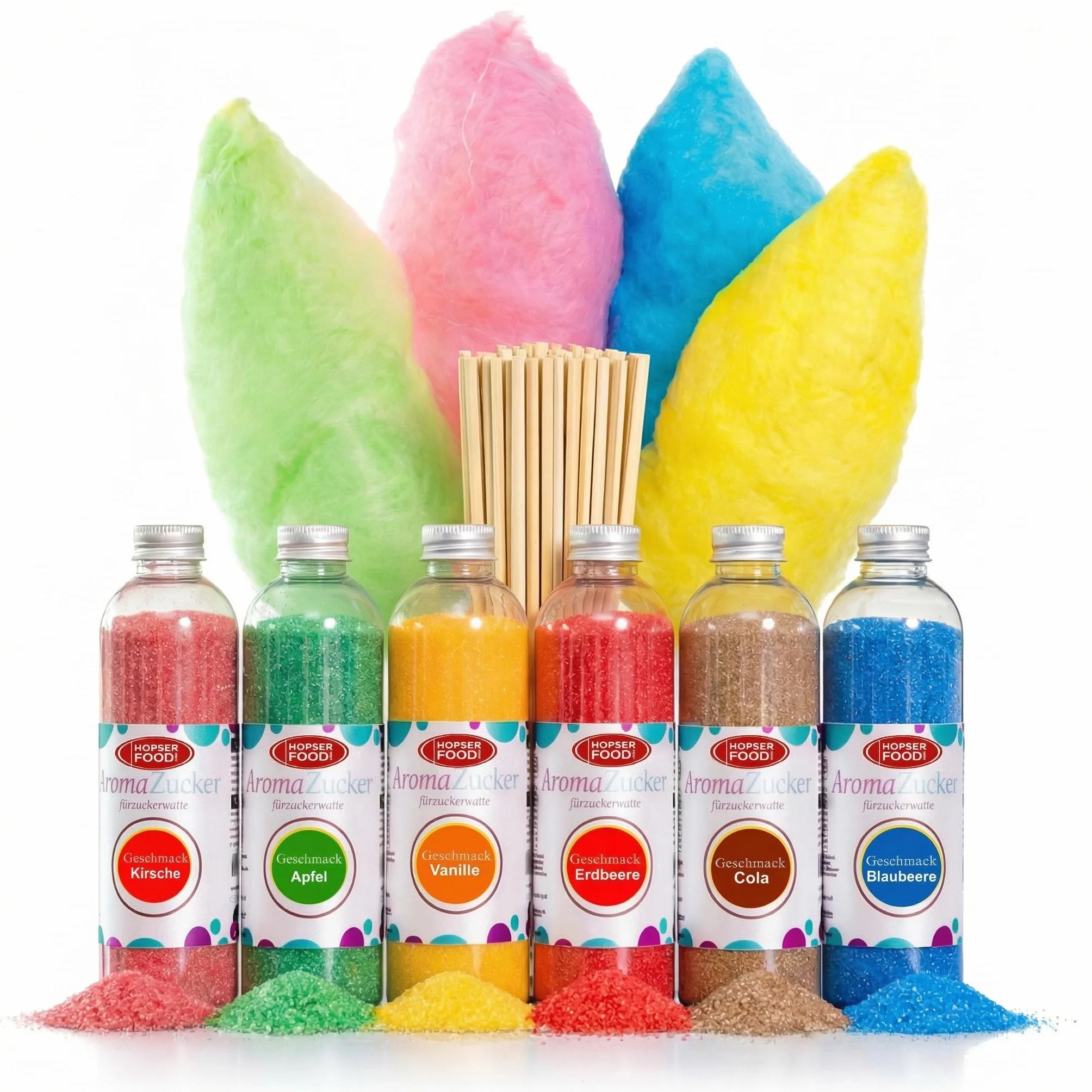 Lot de 6 x 230 g de sucre pour machine à barbe à papa, avec 100 bâtonnets