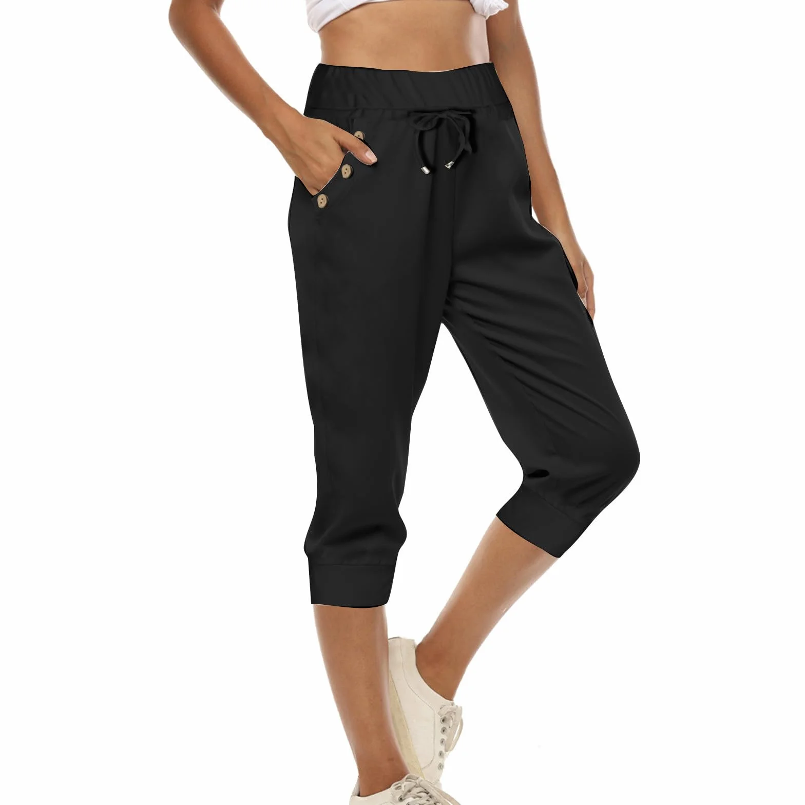 EMATOP Pantalon de jogging femme 3/4 coton couleur unie avec poches