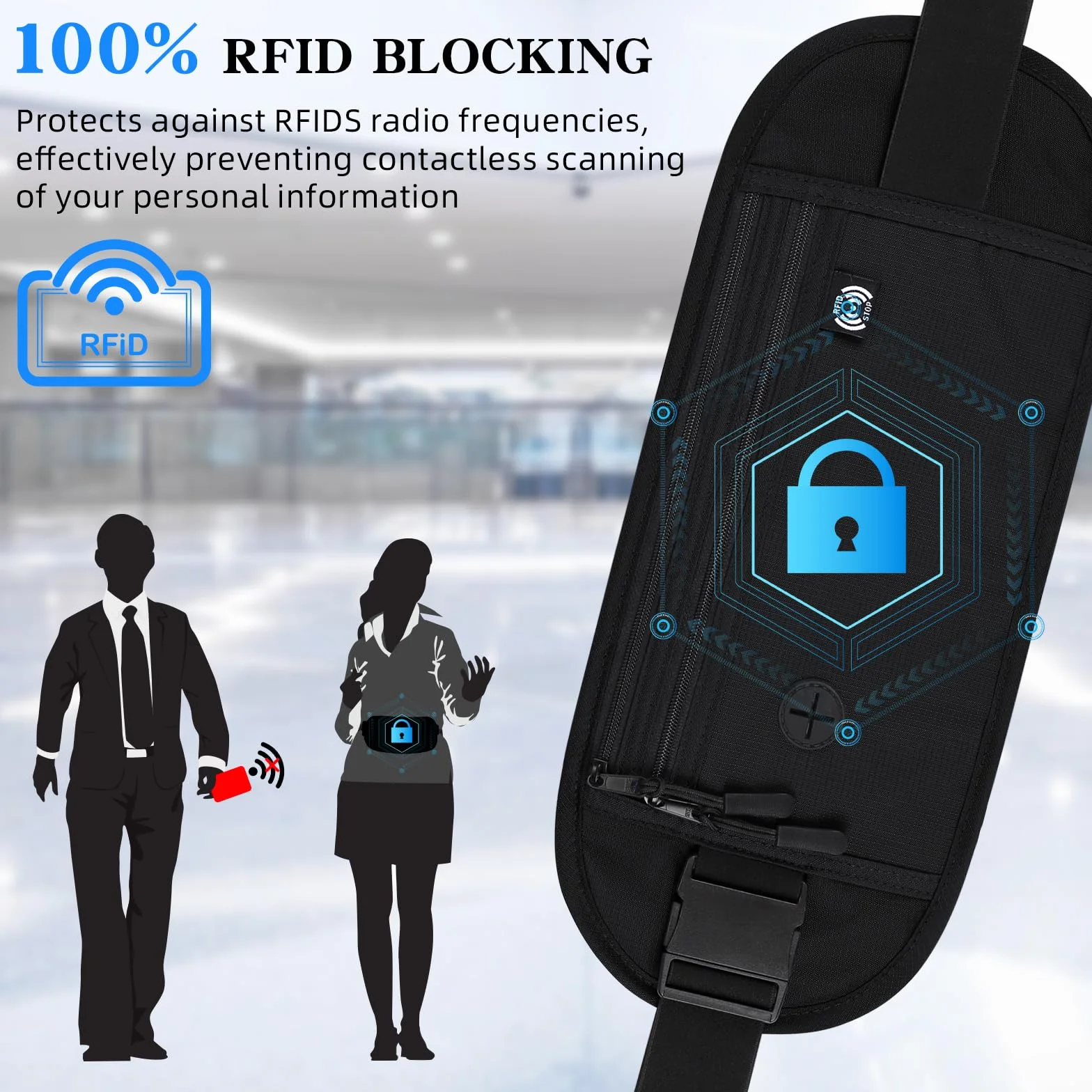 Ceinture de Voyage RFID Blocage, Sacoche Banane Imperméable pour Argent Passeport, Noir