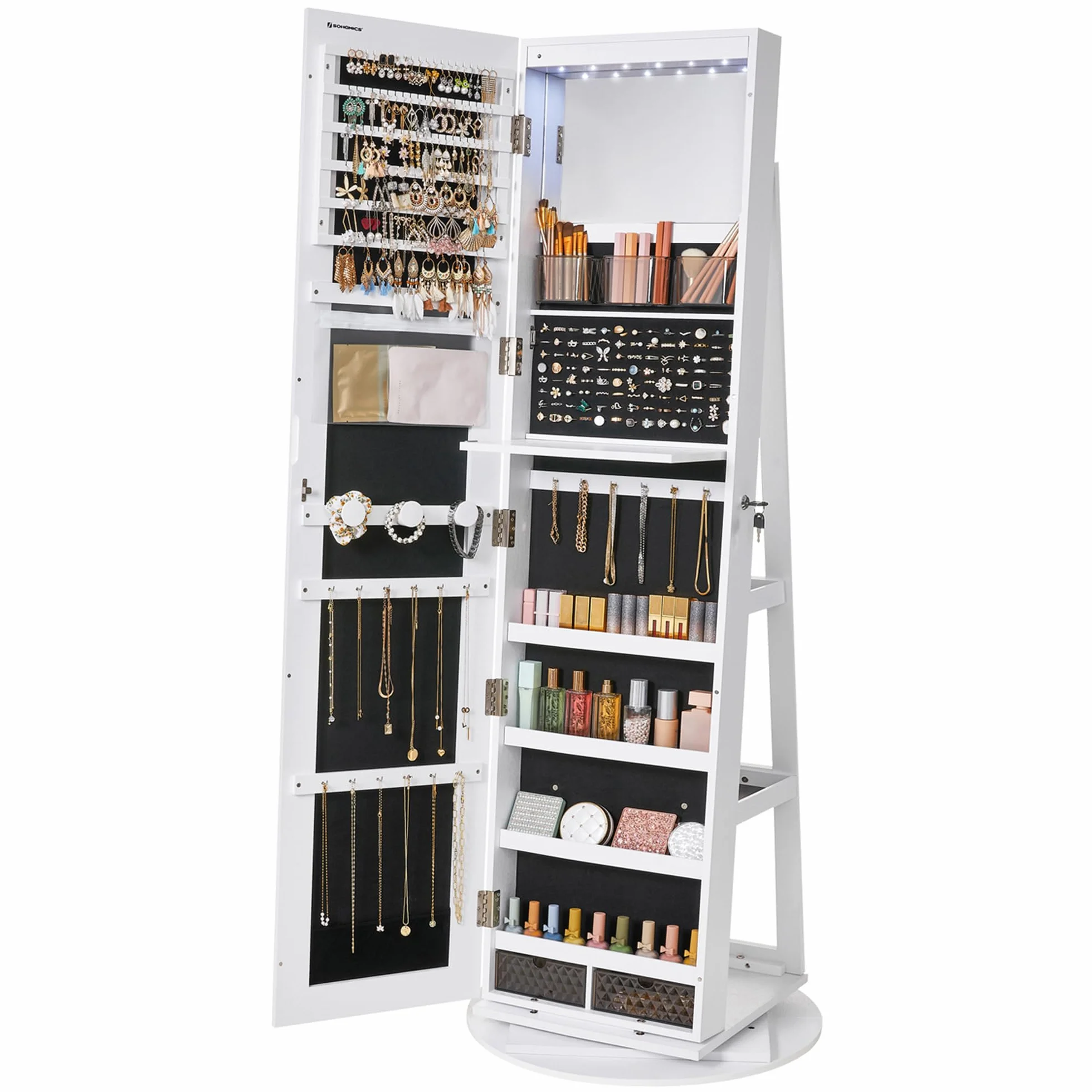 SONGMICS Armoire à Bijoux avec Miroir sur Pieds, Verrouillable, 6 LED, Pivotant 360°, 3 Étagères, Blanc, Noir