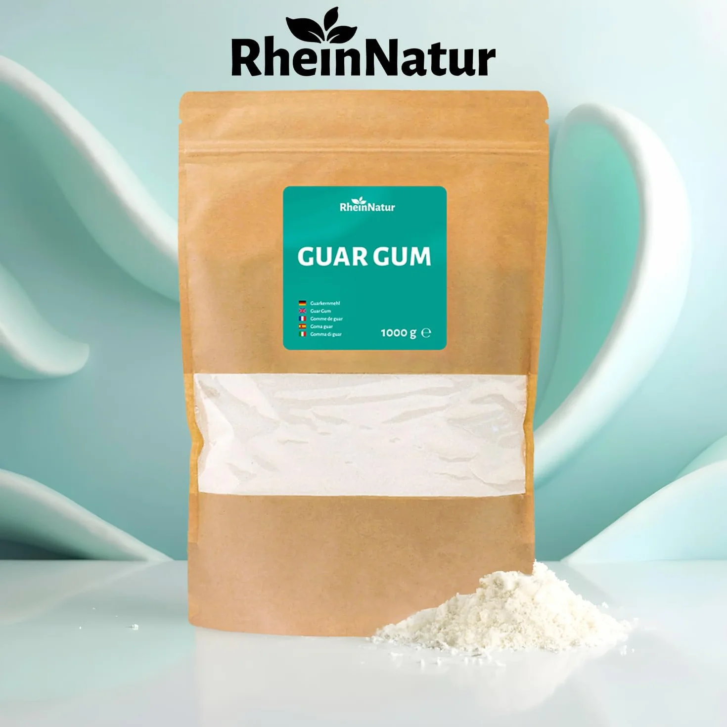RheinNatur Guarpitmeel, 1 kg, guar gumpoeder als natuurlijke stabilisator voor ijs, soepen, sauzen, plantaardig bindmiddel en verdikkingsmiddel, smaakneutraal en veganistisch, zakje van 1000 g 1000g