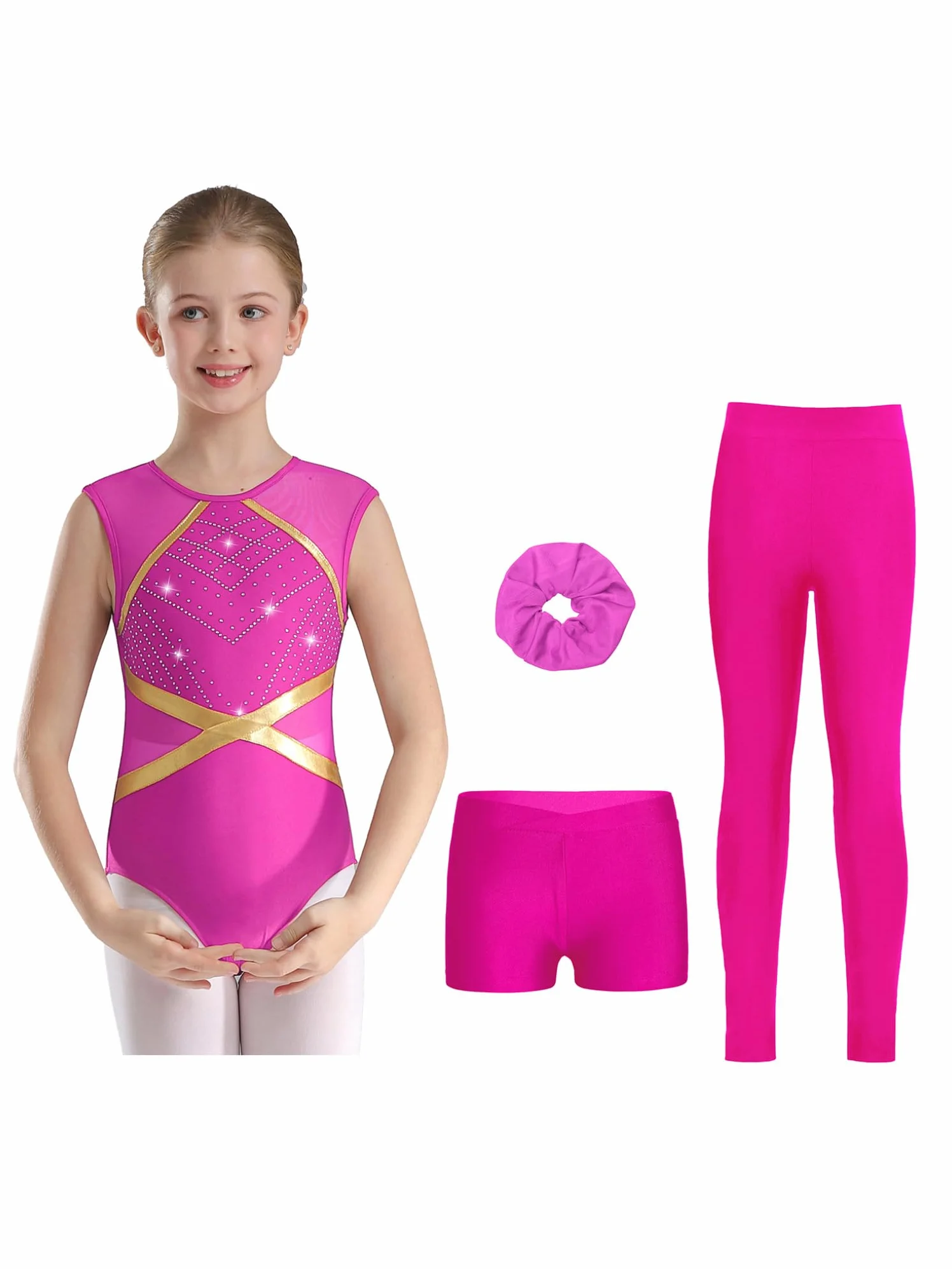Oyolan Ensemble de Gymnastique 4 Pièces pour Fille Justaucorps Legging Short Chouchou Tenue Danse Gym Patinage Sport Fitness
