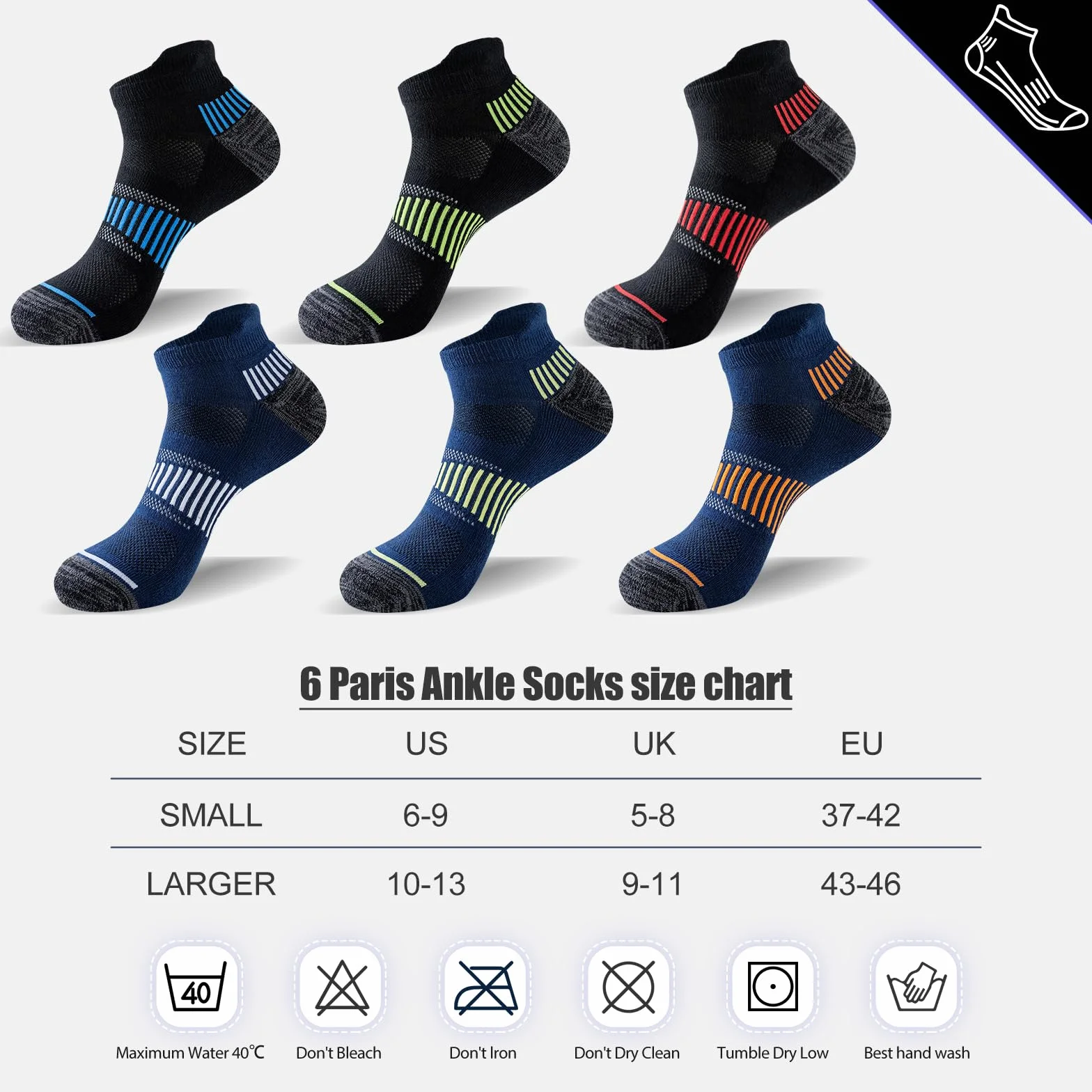 Niorasen Chaussettes Hommes Sport Courtes Coton 6 Paires Course Respirantes 37-42 43-46 47-50