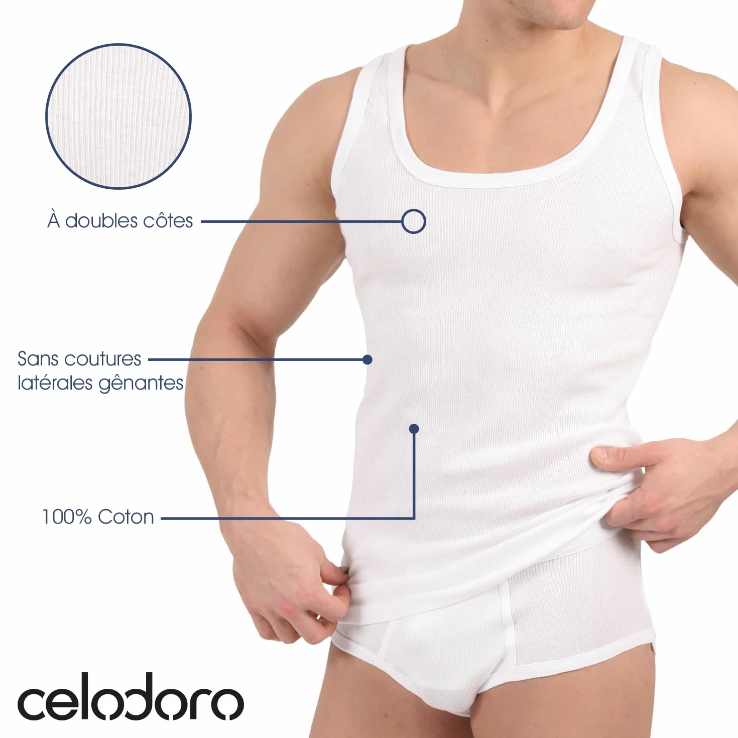 Lot de 5 débardeurs blanc CELODORO original - maillot de corps double côtelé 100% coton peigné