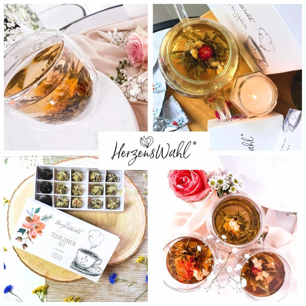 HerzensWahl Coffret cadeau de fleurs de thé - 15 fleurs de thé blanc, thé vert et thé noir dans une boîte à thé - Kit de dégustation de fleurs de thé pour les amateurs de thé avec boîte cadeau