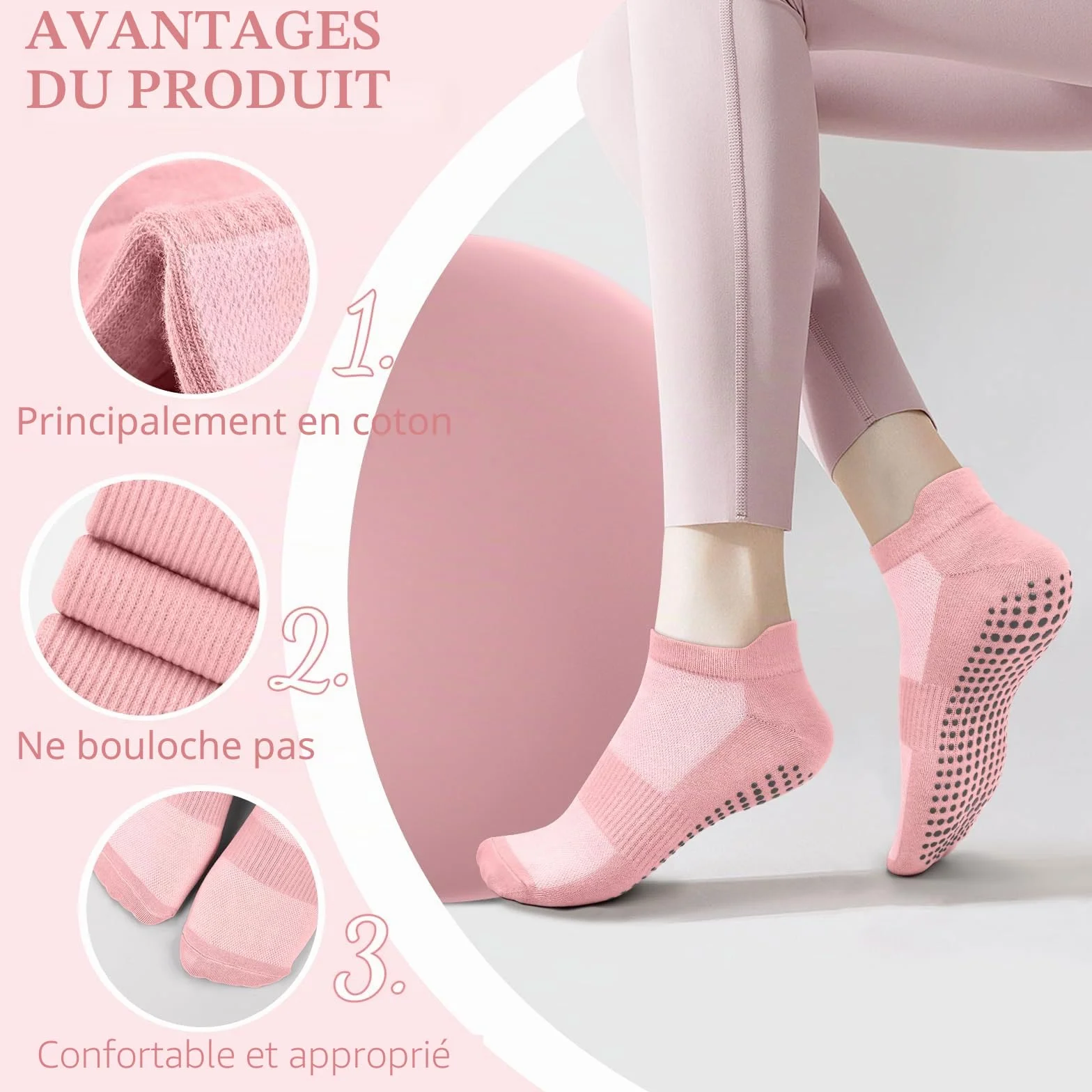 Chaussettes Pilates Femme 36-41 Anti-Dérapantes Semelle Grippée Yoga Barre Ballet Danse