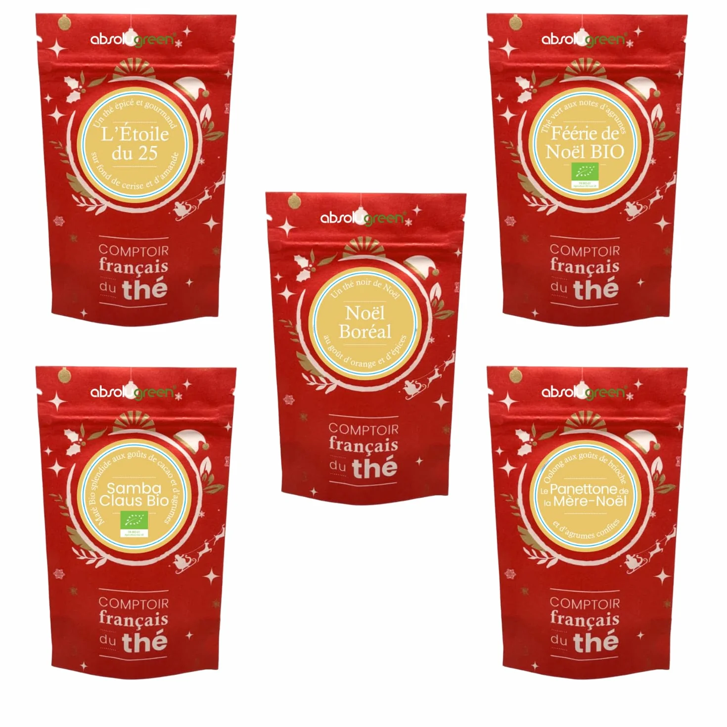 Coffret de Noël – Comptoir Français du Thé – 5 Thés Gourmands et Festifs en Pochettes de 20g – Coffret Cadeau Blanc Édition Limitée