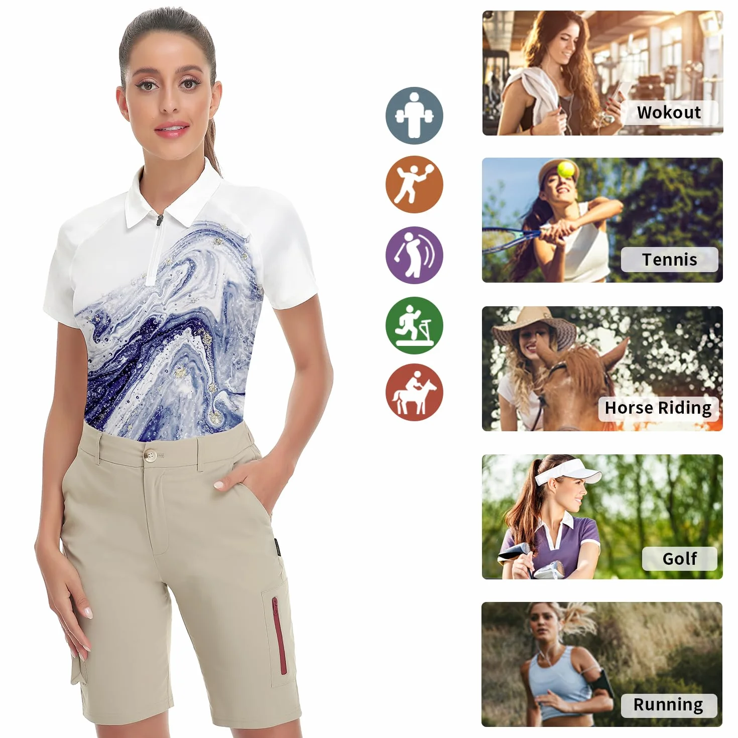 Soneven Polo Femme Ete Sport Chemise Carreaux Respirant Zipper Manches Courtes Blanc 1/4 Zipper Golf Tennis