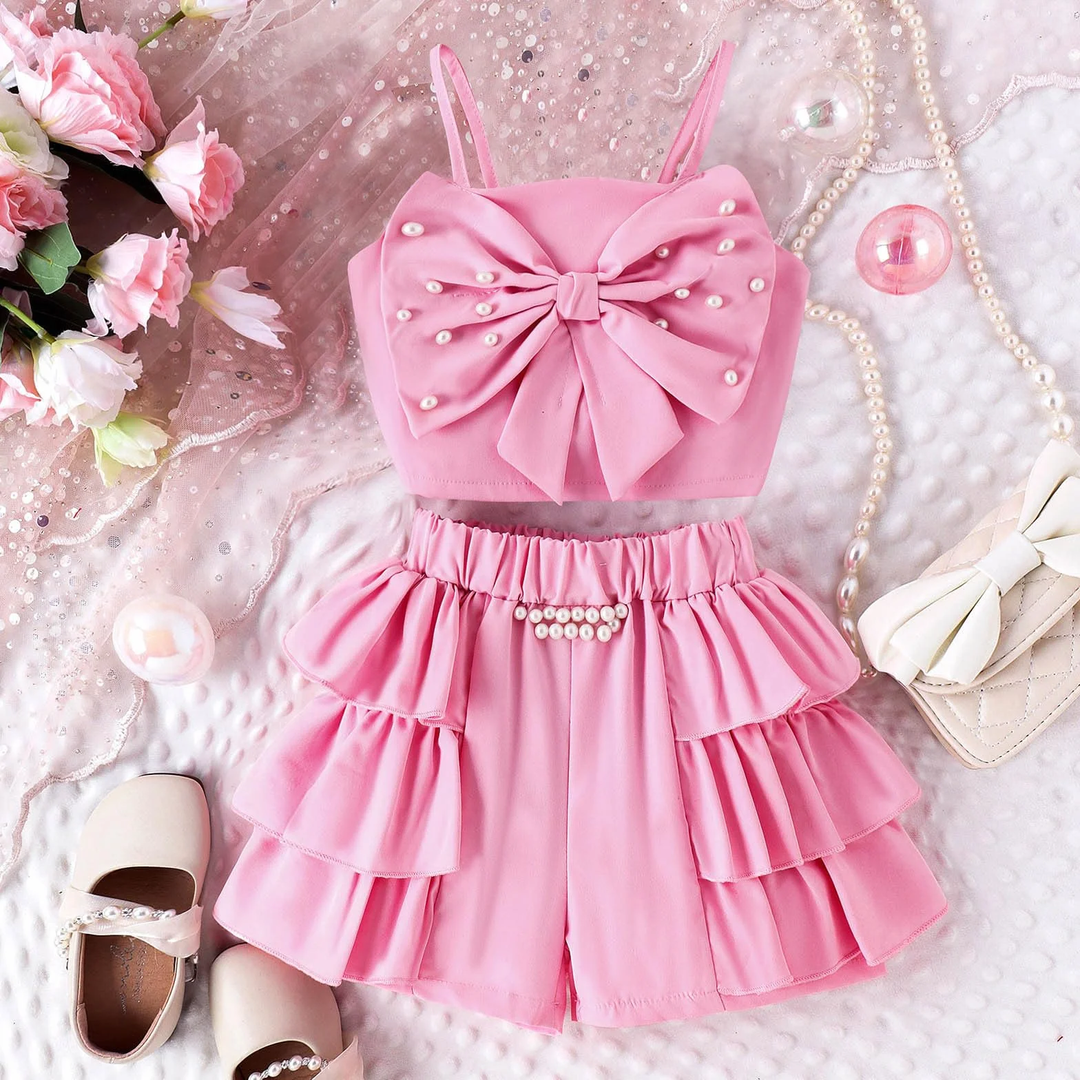 Survêtement pour enfant fille 2 pièces T-shirt short dentelle stretch été couleur unie bretelles sans manches nœud