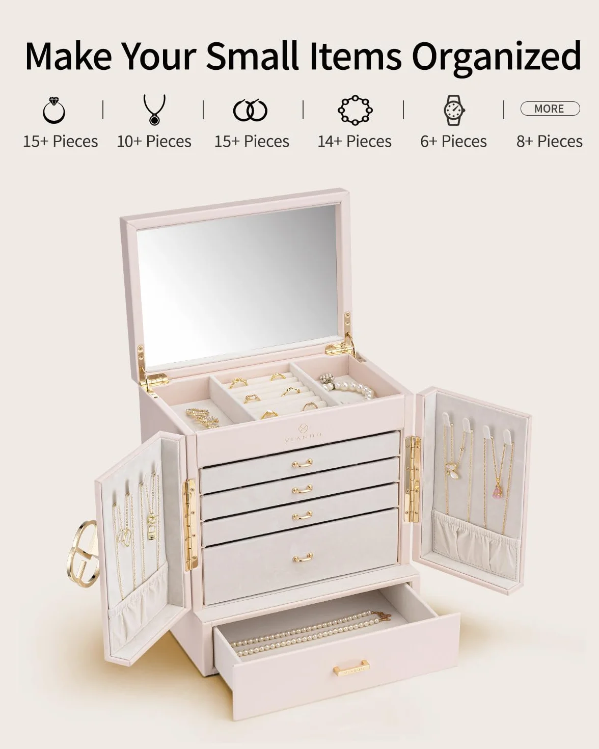 VLANDO Grande boîte à bijoux française 6 niveaux XXL miroir tiroirs rangement pour boucles d'oreilles colliers Rose