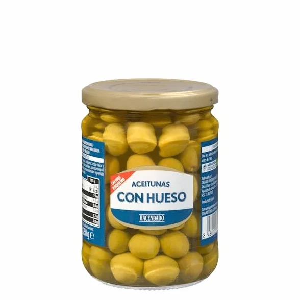 Hacendado Olives Vertes Entières Manzanilla avec Noyaux, 430g PACK6, Conserve de Qualité Supérieure, Origine Espagne, Petit Calibre