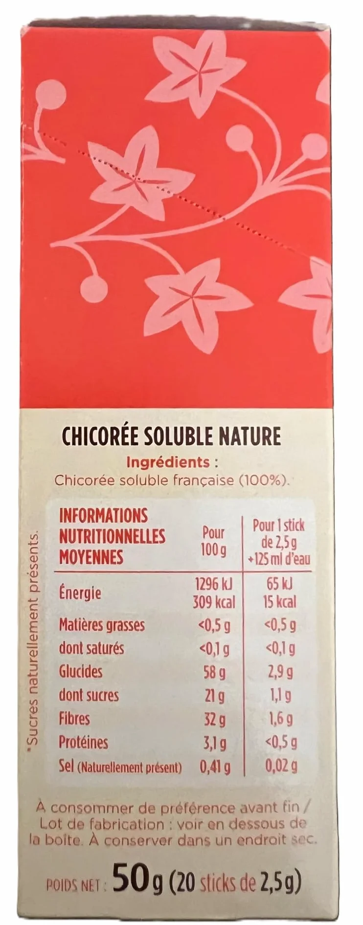 Leroux - Chicorée Soluble Nature en Sticks - 100% d'Origine Végétale - Chicorée Torréfiée, Goût Naturel - Riche en Fibres, Sans Sucres Ajoutés - Boite de 20 Sticks - Lot de 2
