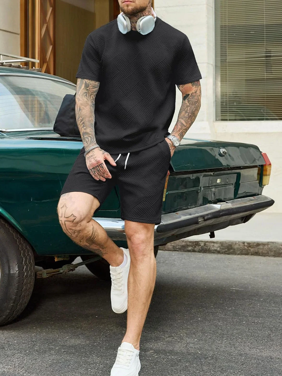 Survêtement Homme 2 Pièces Jacquard T-Shirt Manches Courtes Short Ensemble Ete