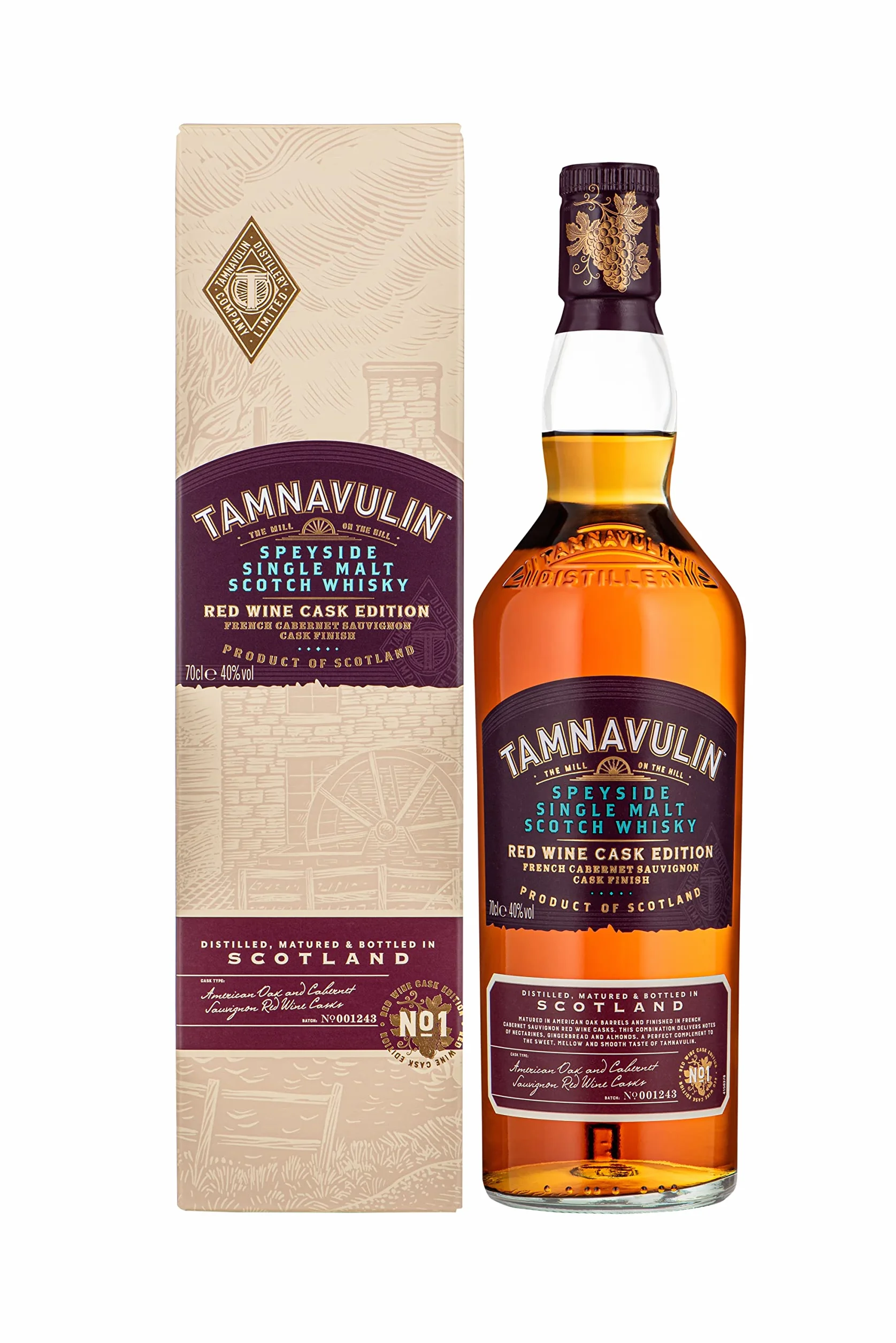 TAMNAVULIN - Red Wine Cask French Cabernet-Sauvignon - Single Malt Whisky - Notes de Fruits, Citron & Amandes - A déguster sec - 40% Alcool - Origine : Ecosse/Speyside - 70 cl