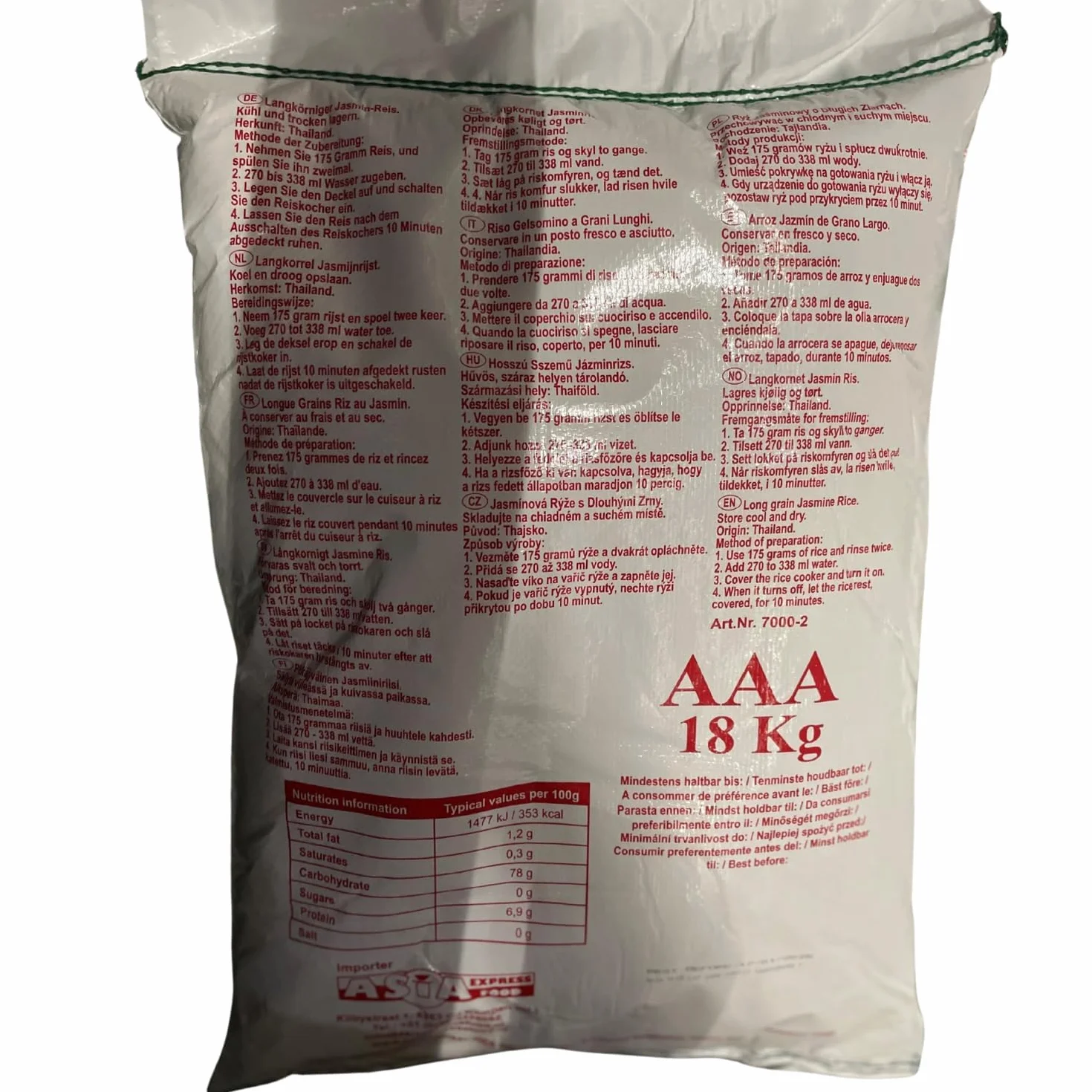 Riz parfumé Royal Thai Rice Jasmin à grains longs 18 kg – Qualité supérieure de Thaïlande, 100 % riz naturel | Idéal pour les plats wok, les cuisines asiatiques et les accompagnements avec autocollant