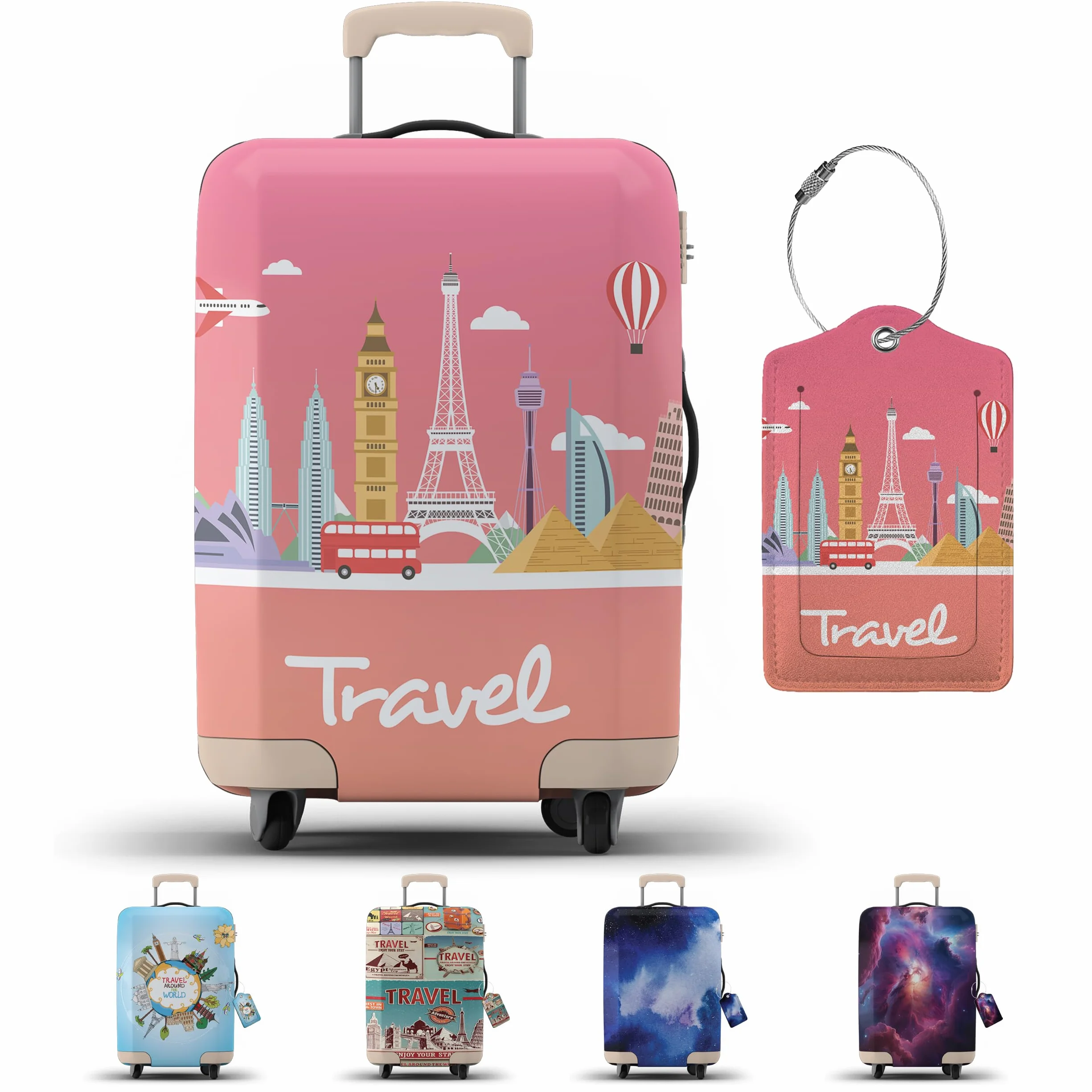Housse de protection de valise avec fermeture éclair et étiquette de bagage