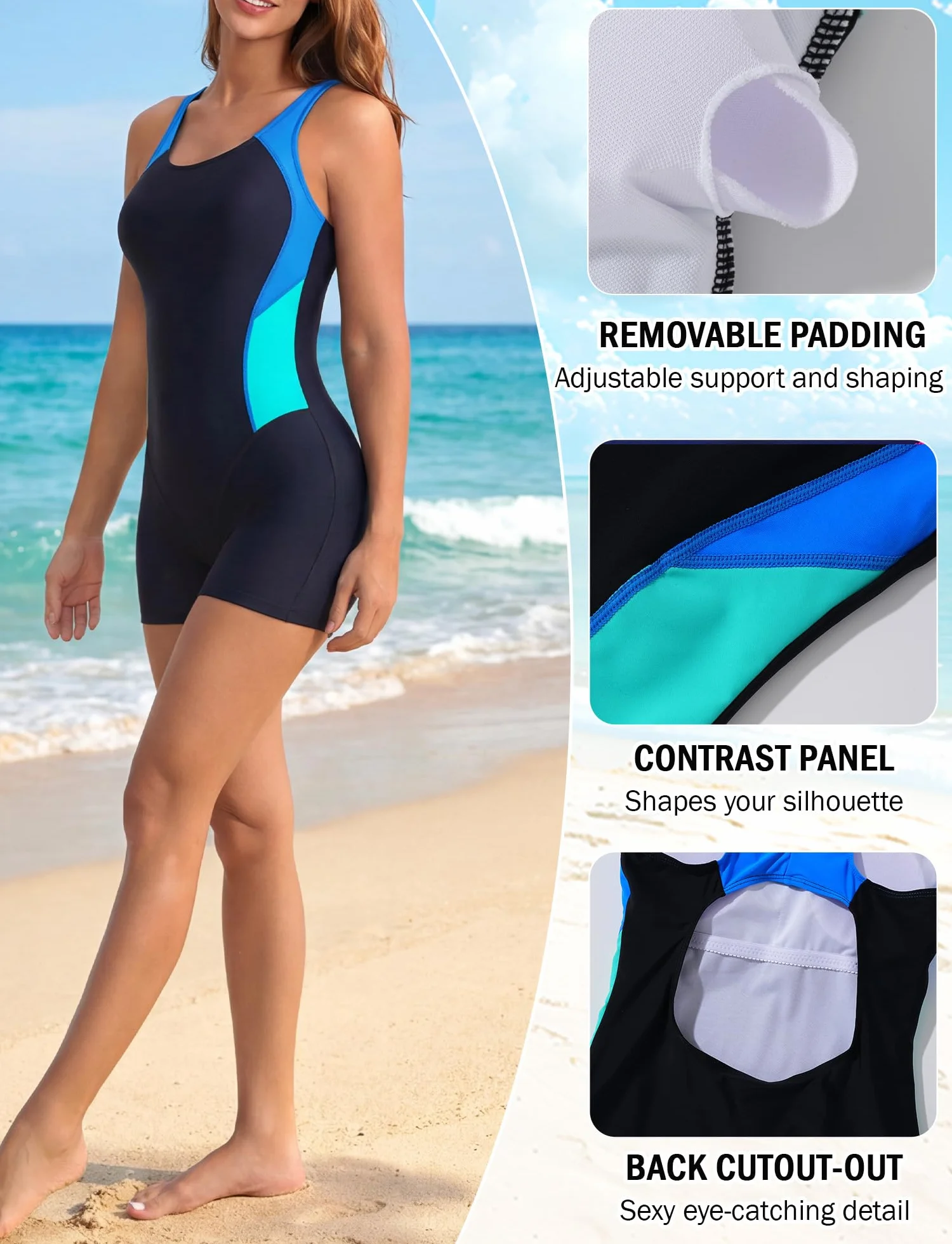 SEAUR Maillot de bain une pièce athlétique femme boyleg bloc couleur dos nageur sport