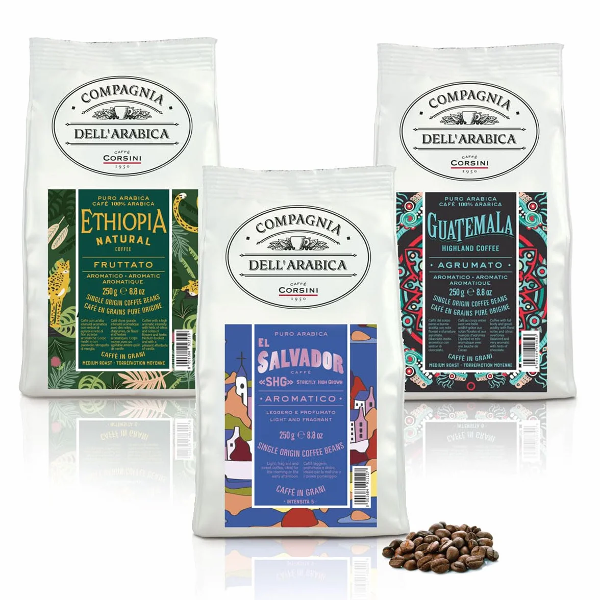 Caffè Corsini - Cafè en Grains 3x250g Compagnia Dell'Arabica Mix Guatemala/Éthiopie/El Salvador, Mono Origine, 750g au Total