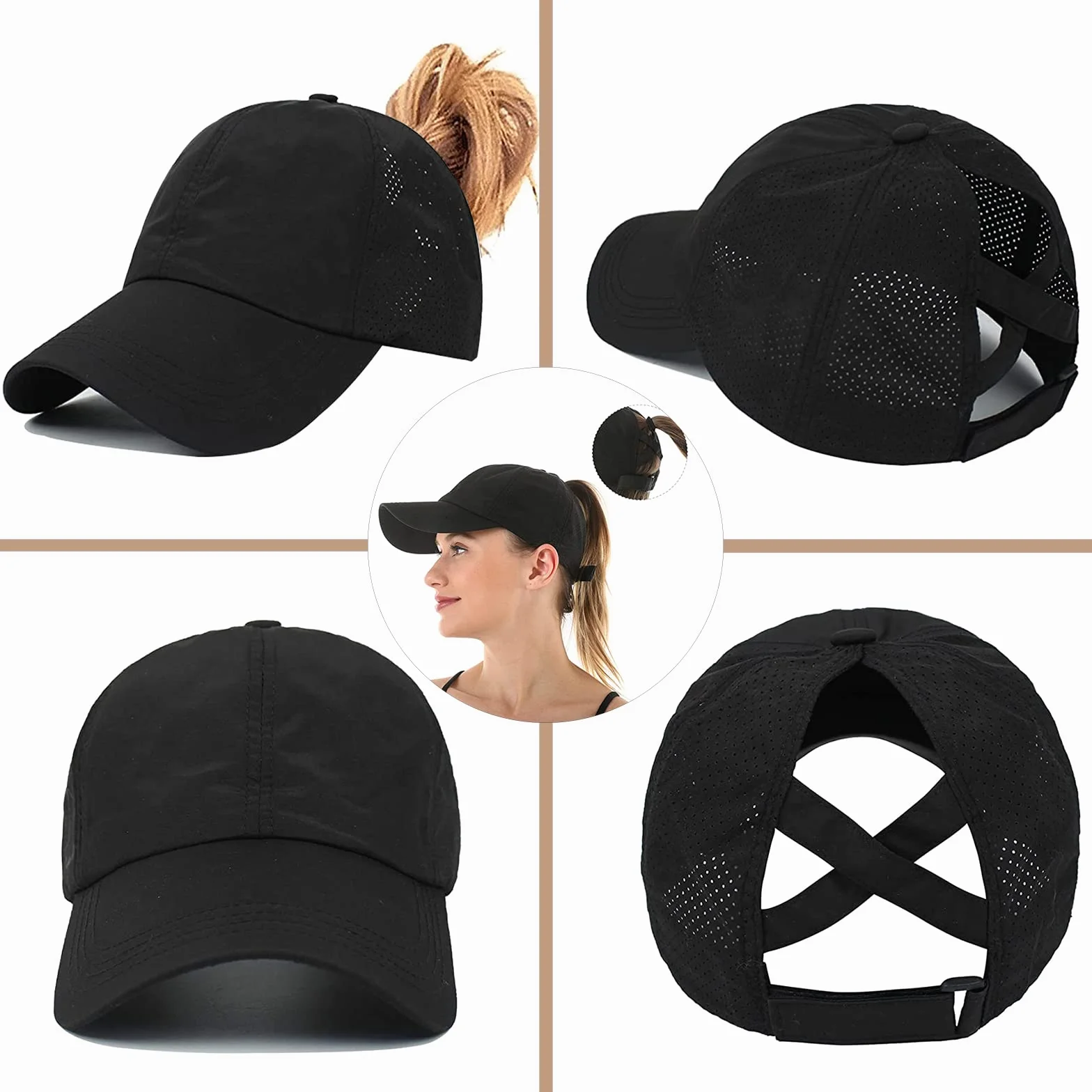 Casquette de Baseball Femme Queue de Cheval Réglable Séchage Rapide Anti-Soleil UV Running Golf Cyclisme