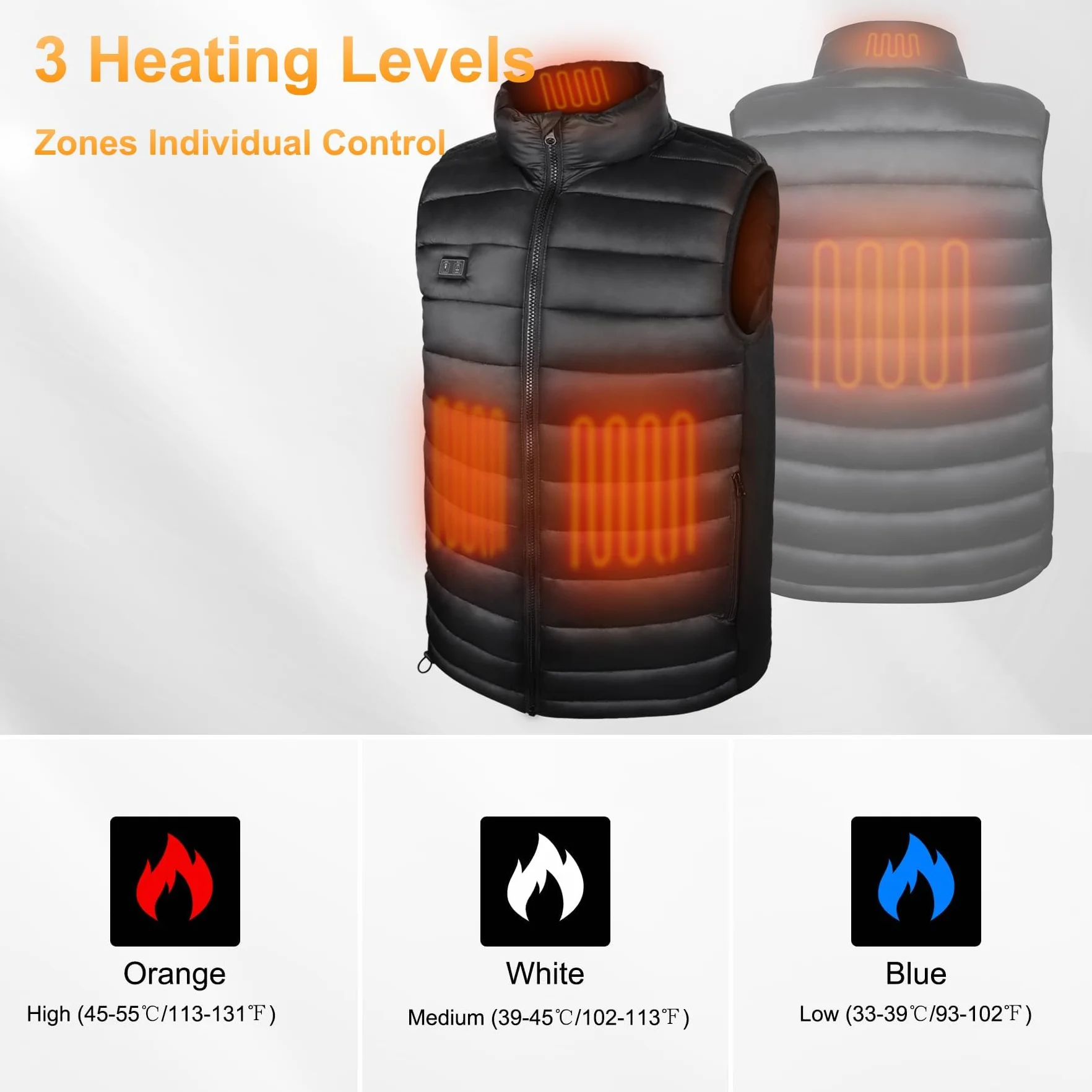 Veste Chauffante Homme avec Batterie 10000mAh, 3 Niveaux de Température, Gilet Chauffant Électrique
