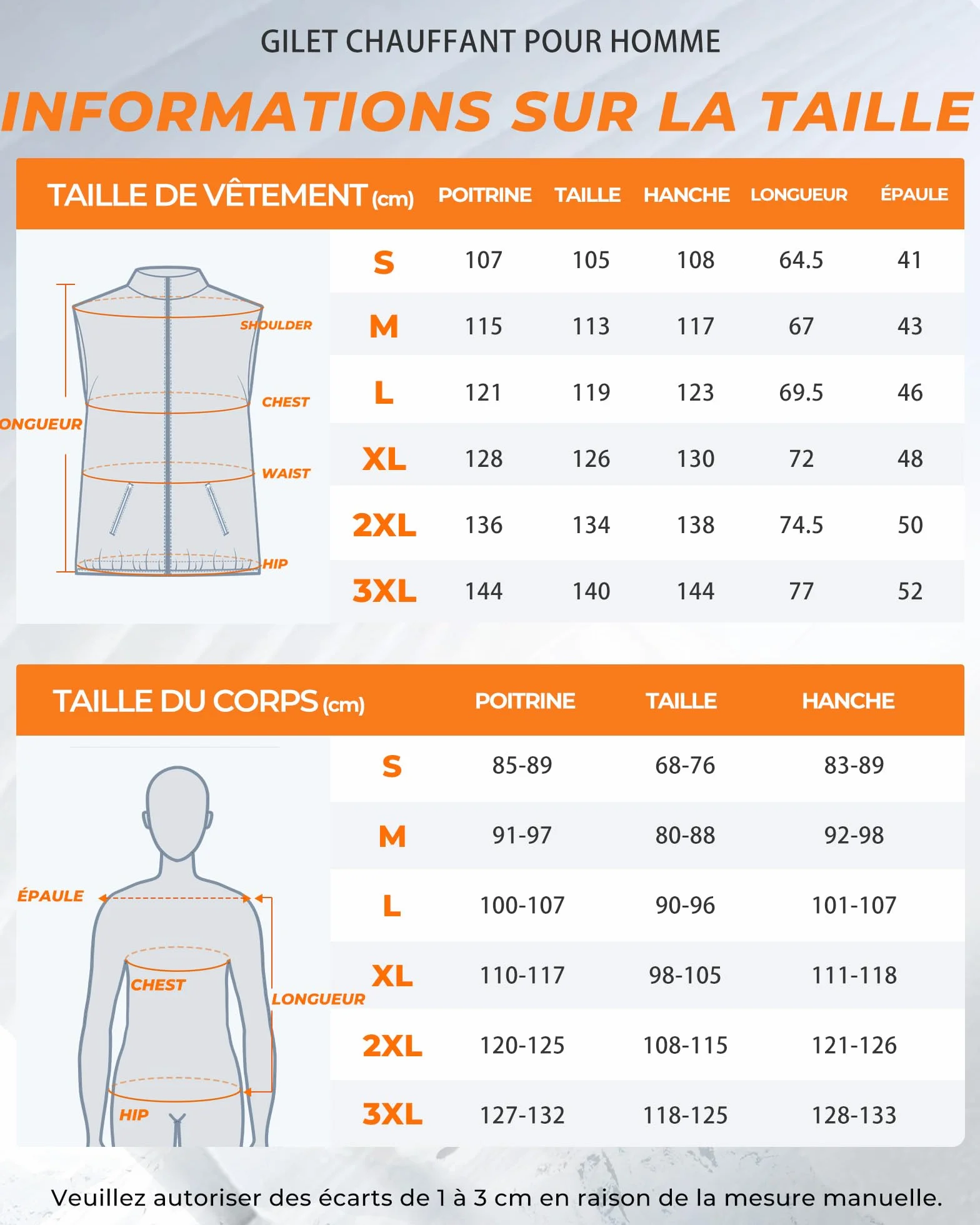 Gilet Chauffant Homme 16000mAh 7,4V 9 Zones 3 Températures Réglables avec Batterie Incluse