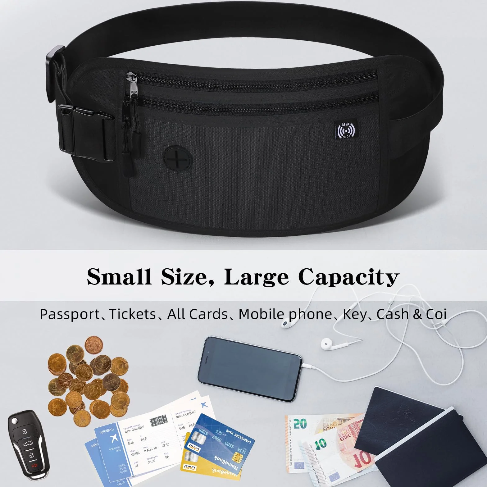 Ceinture de Voyage RFID Blocage, Sacoche Banane Imperméable pour Argent Passeport, Noir