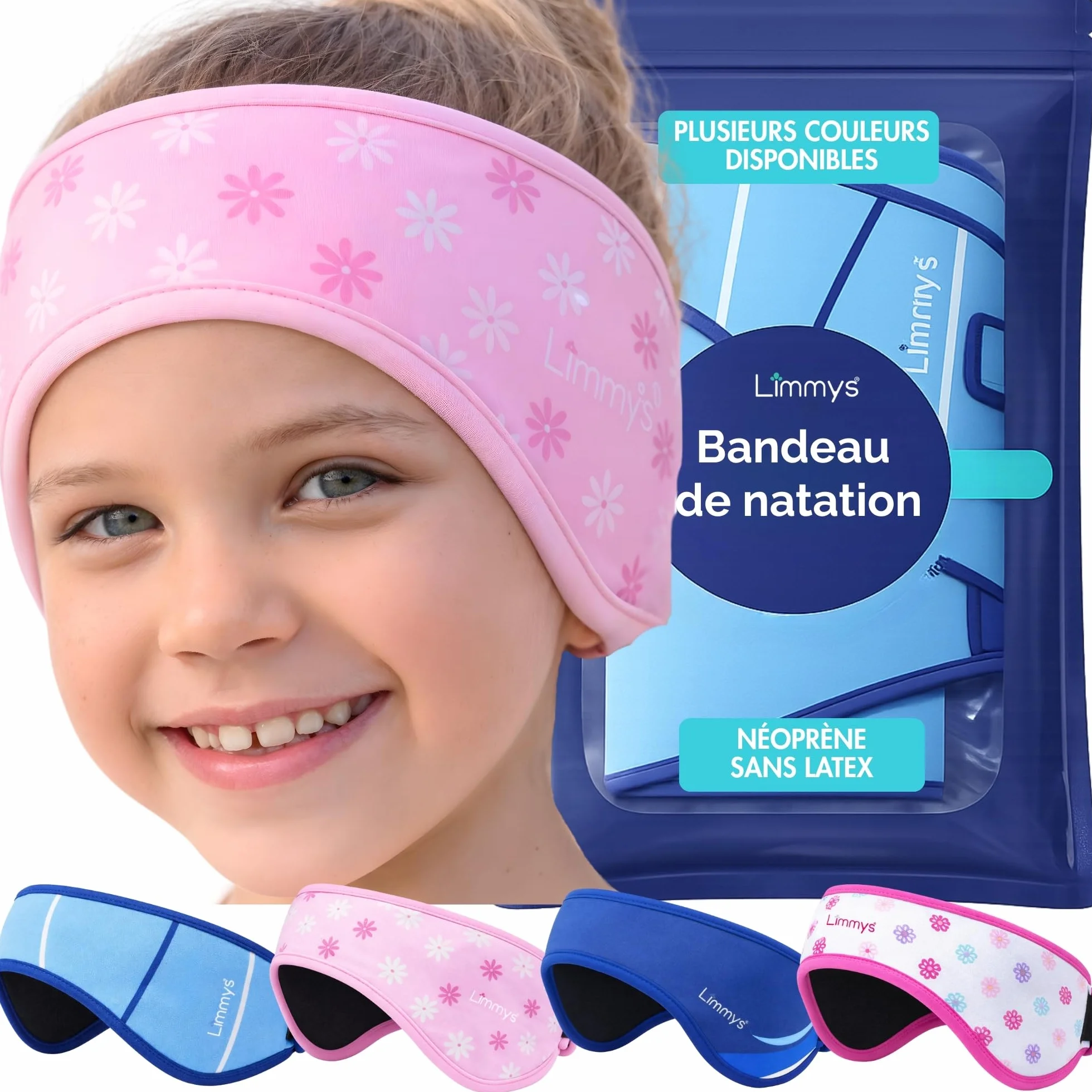 Limmys Bandeau de Natation pour Enfants Adultes – Bande Néoprène Élastique Renforcé Sans Latex Antidérapant Maintient Bouchons d’Oreilles (Pink Stars M 2-8 ans)