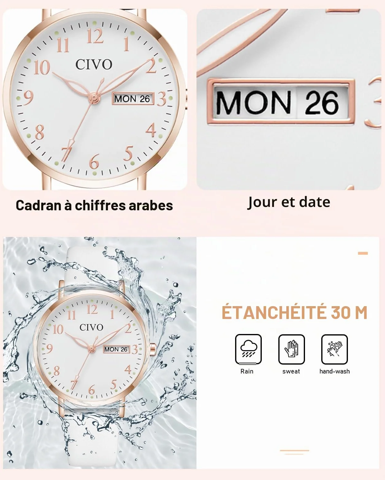 CIVO Montre Femme Analogique 35mm Cadran Clair Grands Chiffres Aiguilles Lumineuses Date Jour Bracelet Cuir