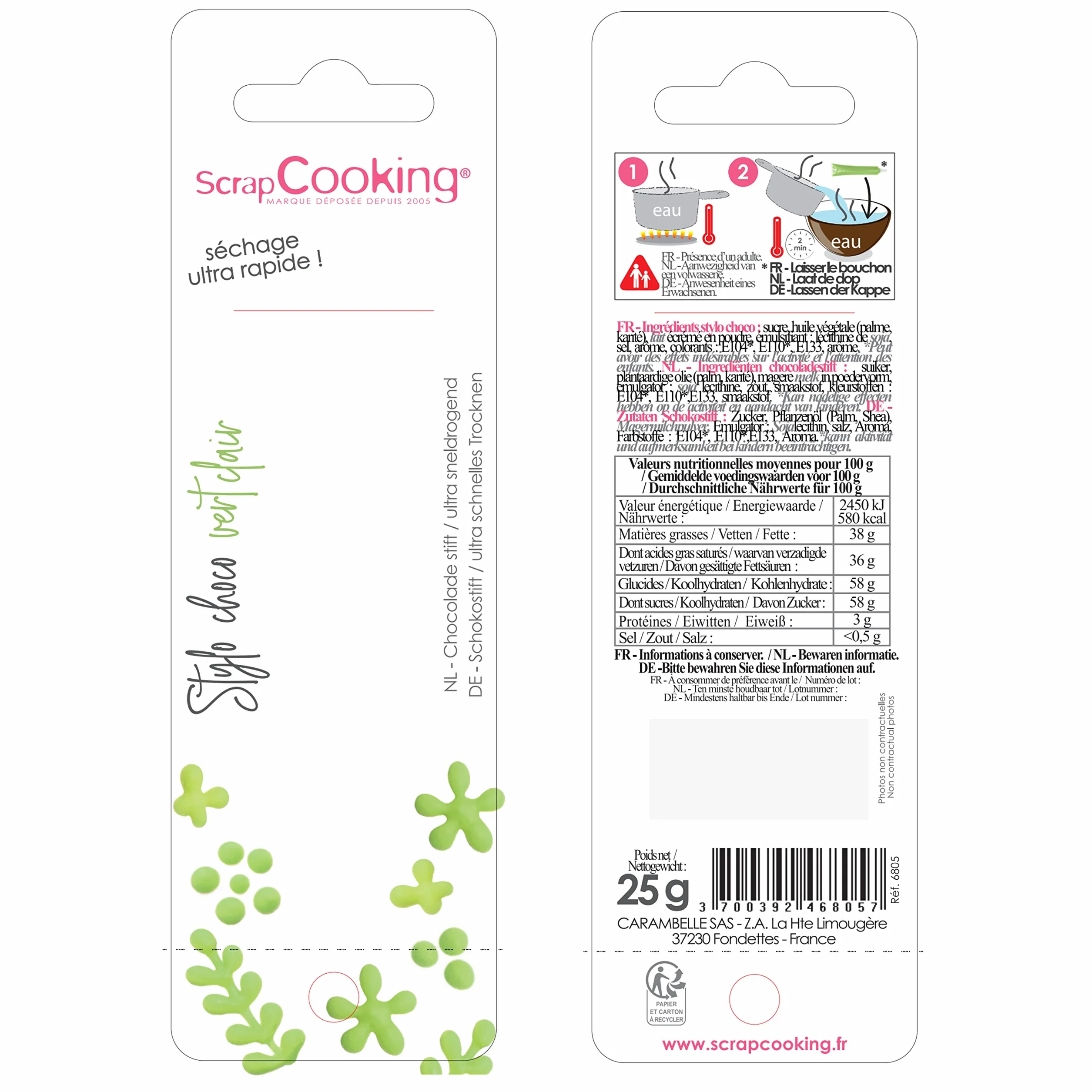 ScrapCooking - Stylo Choco Vert Clair - Crayon Alimentaire Pâtisserie 25 g - Stylo Décoratif Comestible - Écrire & Dessiner sur Desserts, Gâteaux & Biscuits Anniversaire Pâques Noël - 6805