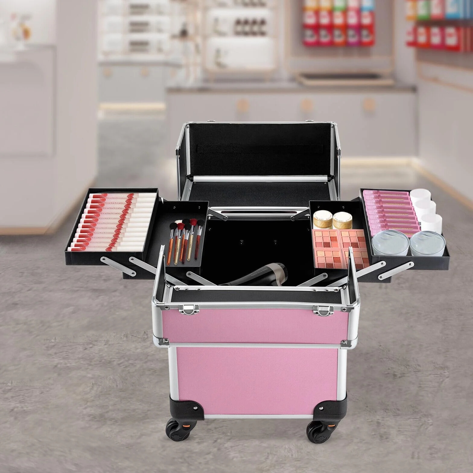 Valise cosmétique à roulettes en aluminium 4-en-1 verrouillable roues pivotantes 360° voyage