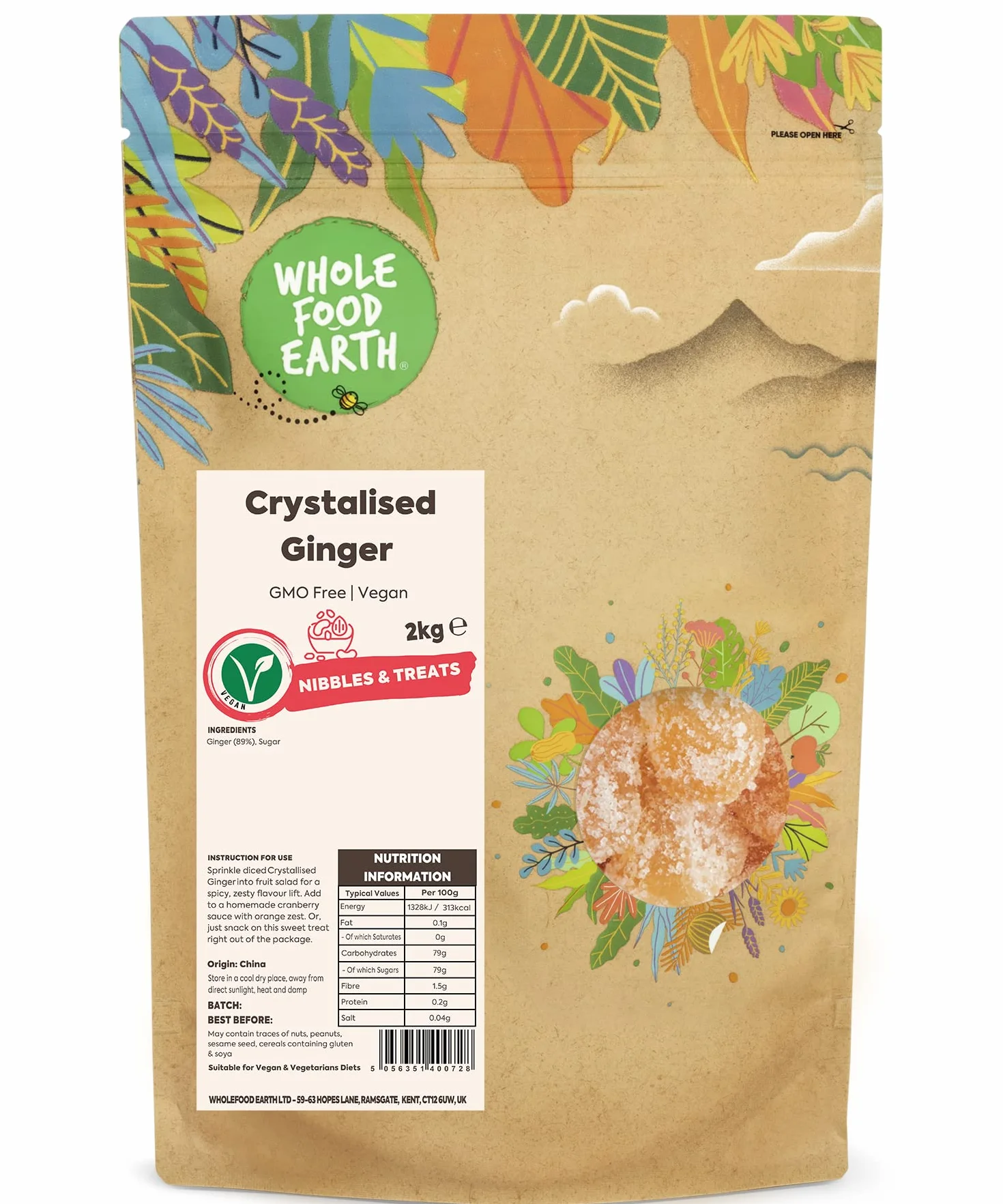 Wholefood Earth Gingembre Confit 2 kg - Vegan, Sans OGM, Idéal en Pâtisserie