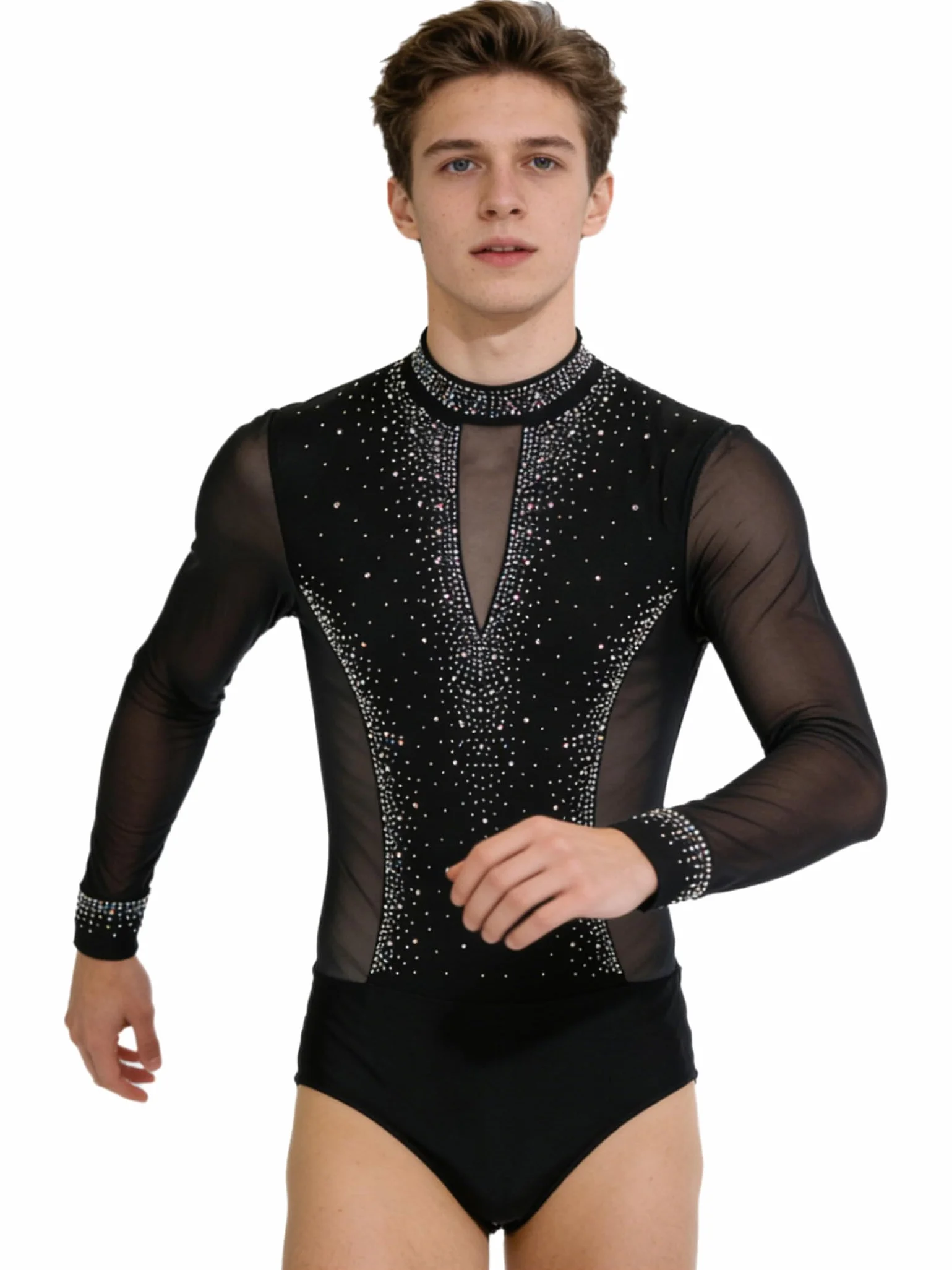 Costume de Gymnastique Hommes Manches Longues Pailleté Strass Body Patinage Artistique Combinaison Danse
