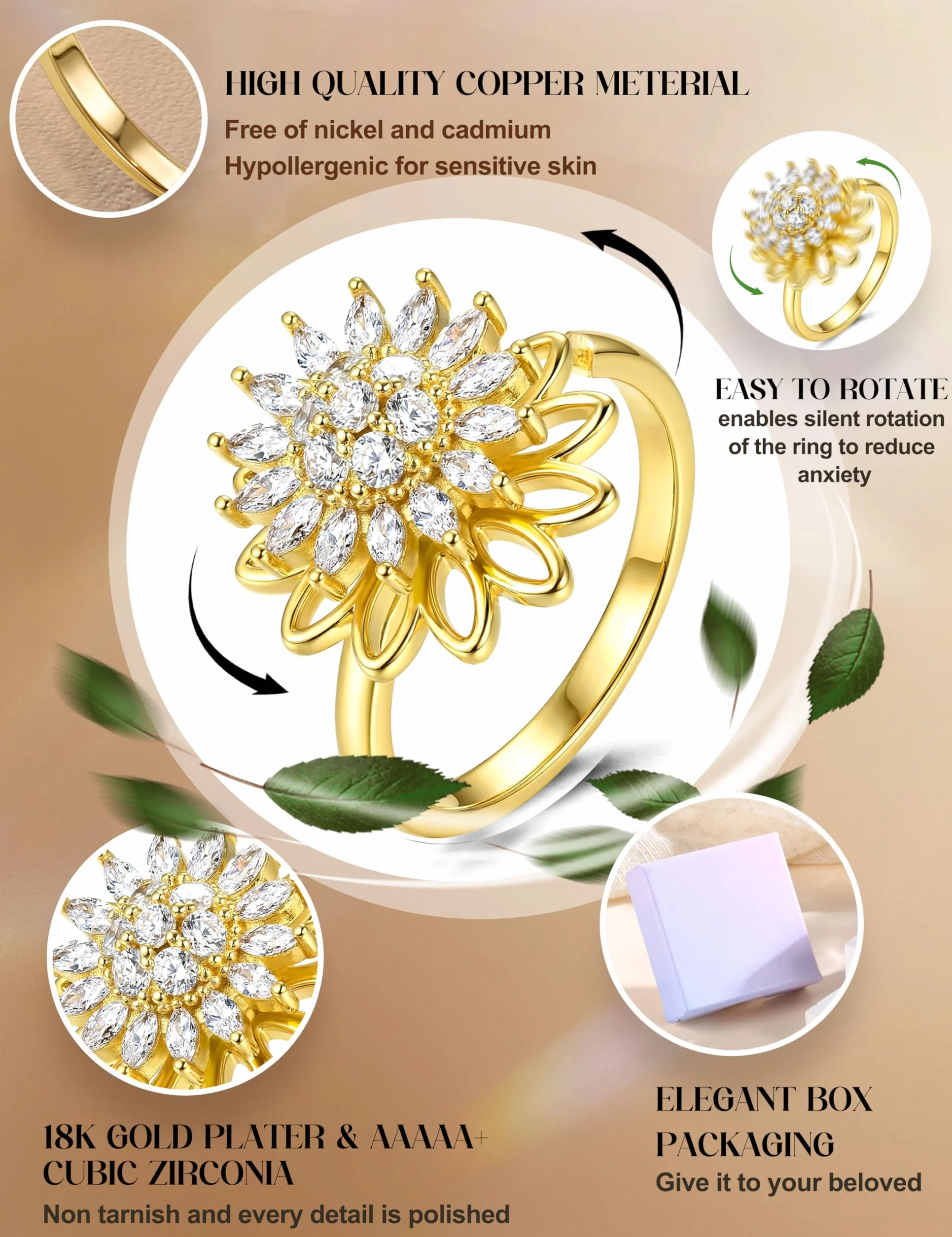 Kakonia 9 Pièces Bague Anti Stress Femme Enfant Argent Or Fidget Bague Anxiété Rotative Antistress Reglable Empilables Spinner Ensemble Relaxation